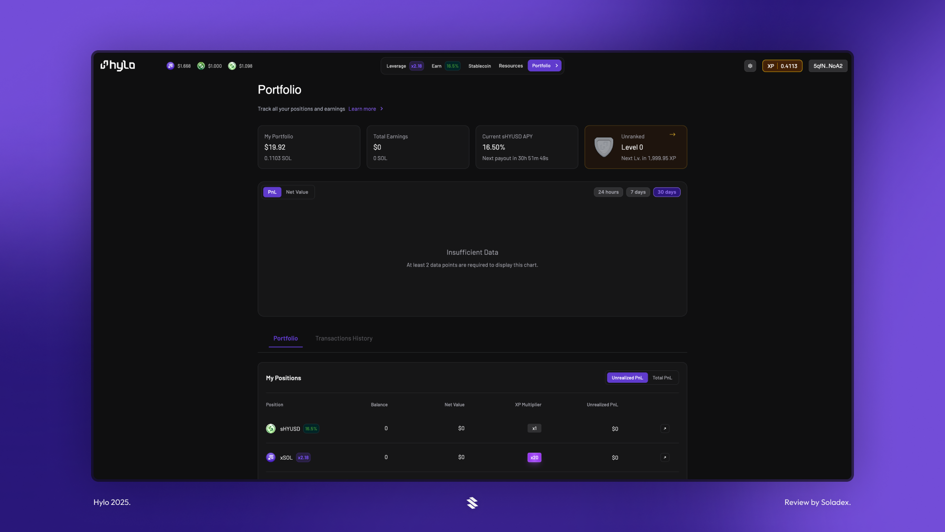 A view of the Hylo portfolio screen where users can track their net worth in the protocol.