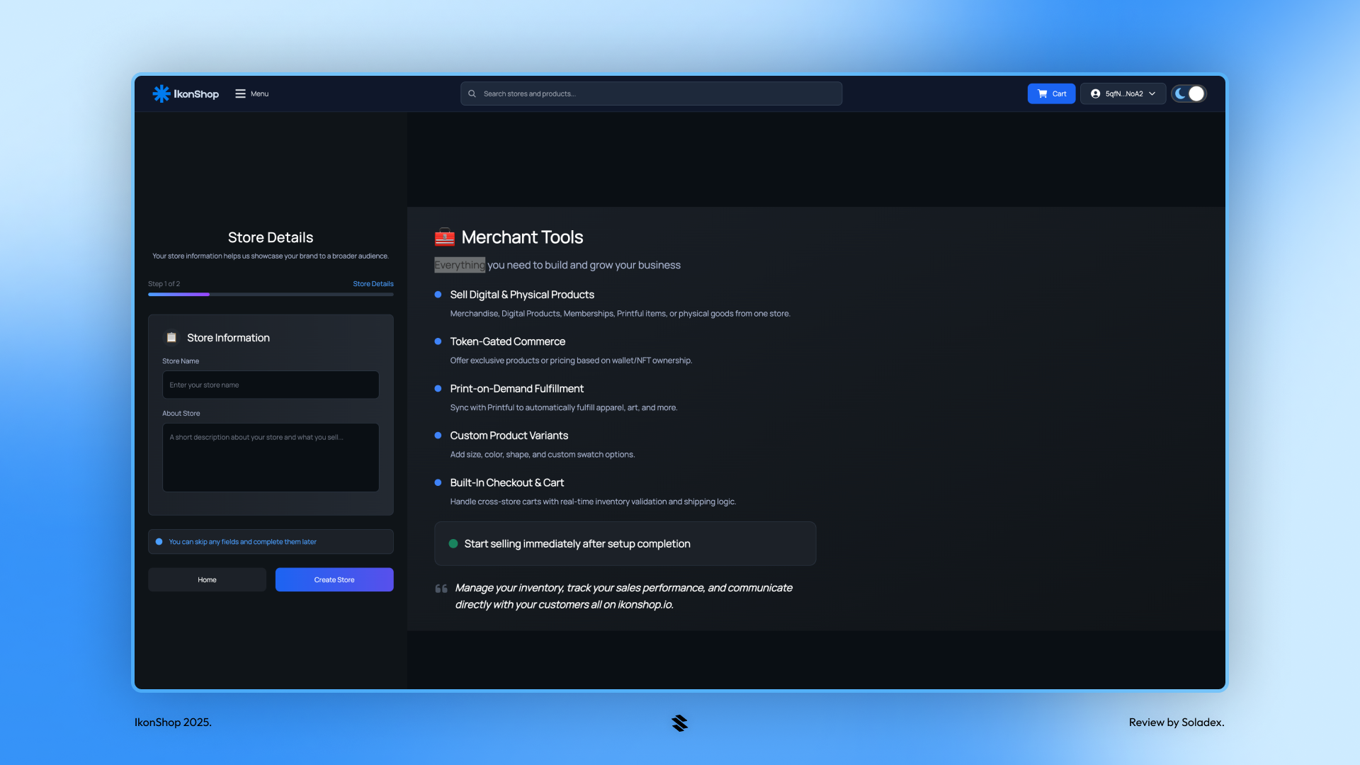 The merchant tools screen in IkonShop