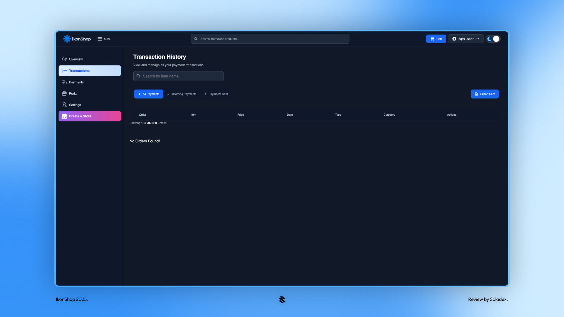 The transaction history screen inside the IkonShop dashboard