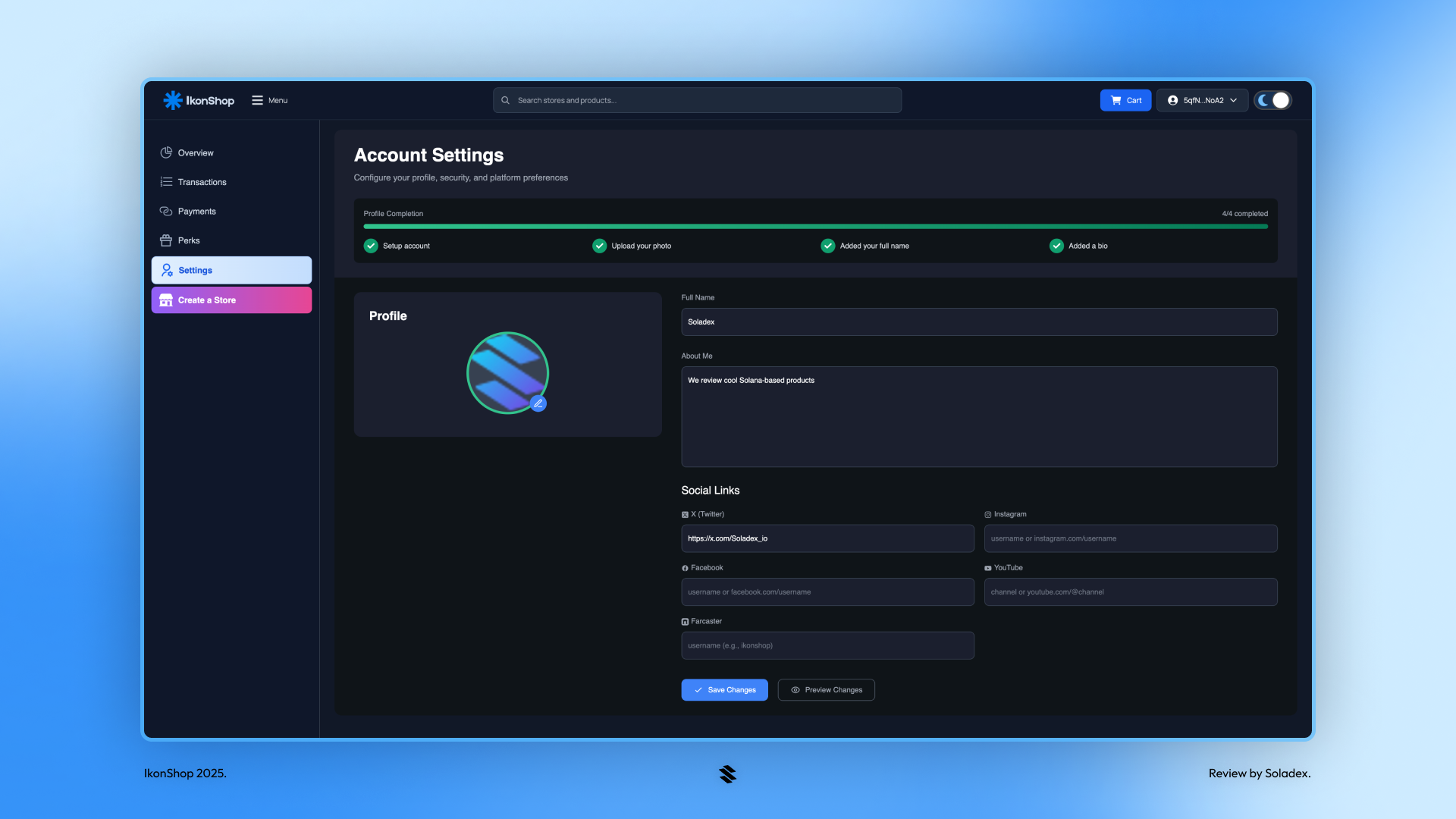 The account settings screen inside IkonShop