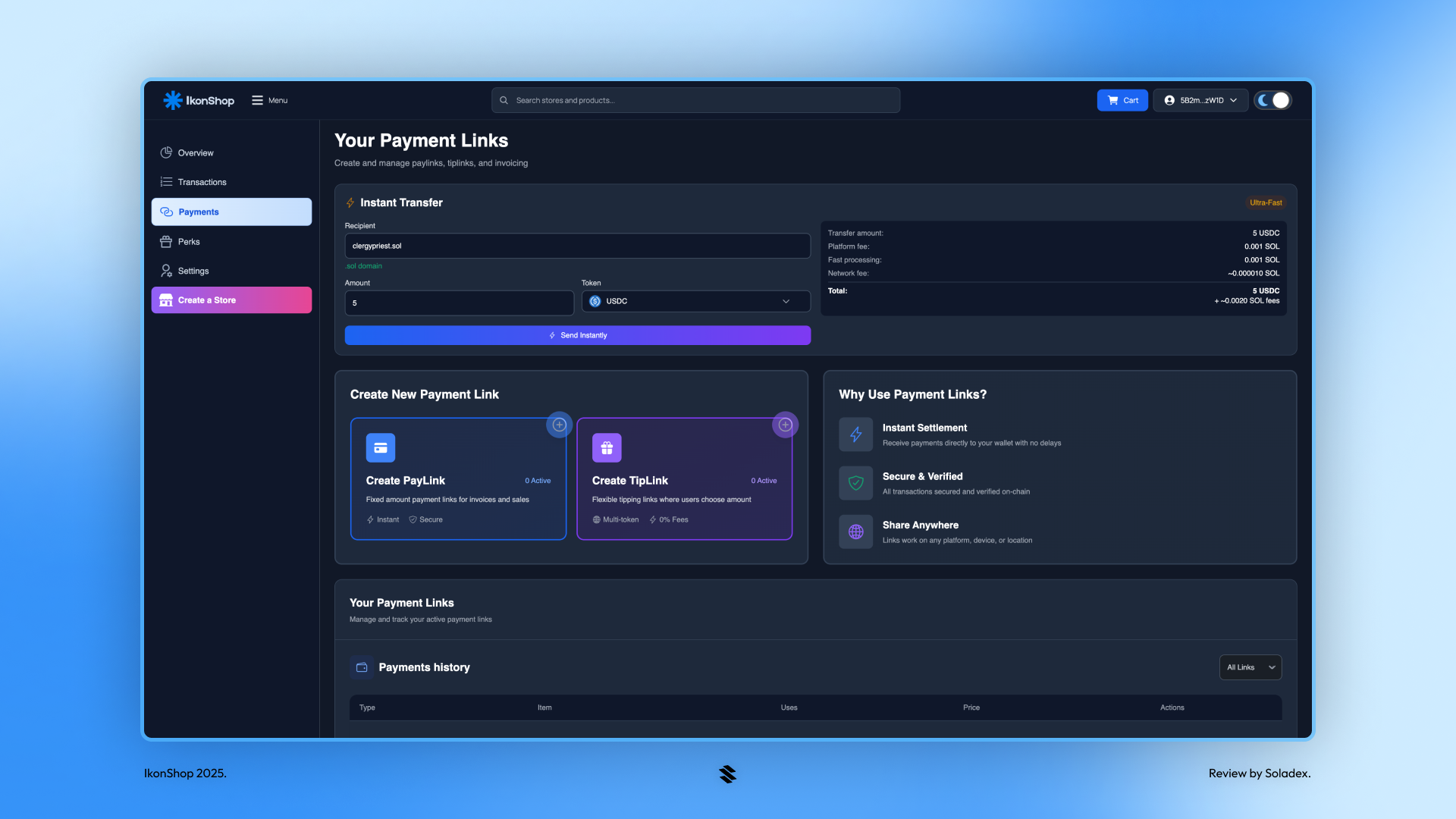 Showing the instant transfer payment method