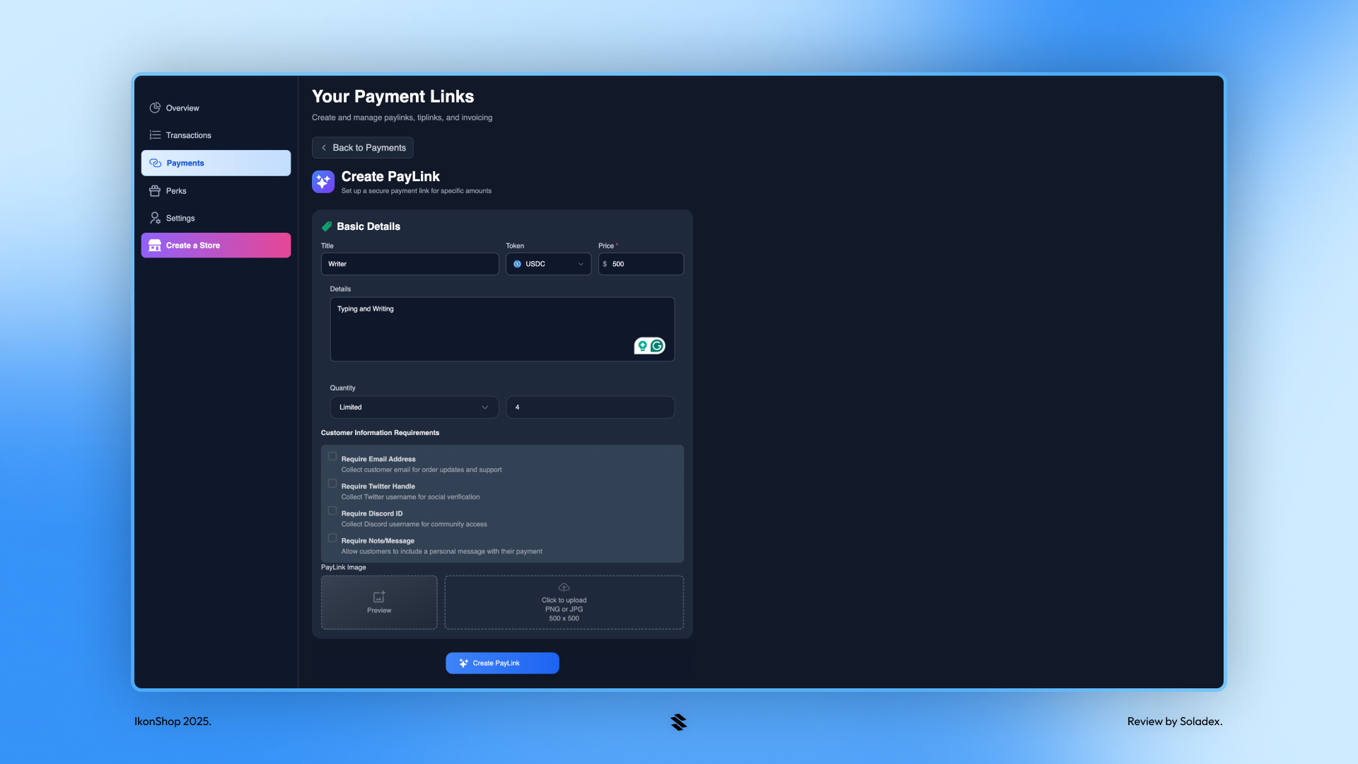 The create a PayLink screen