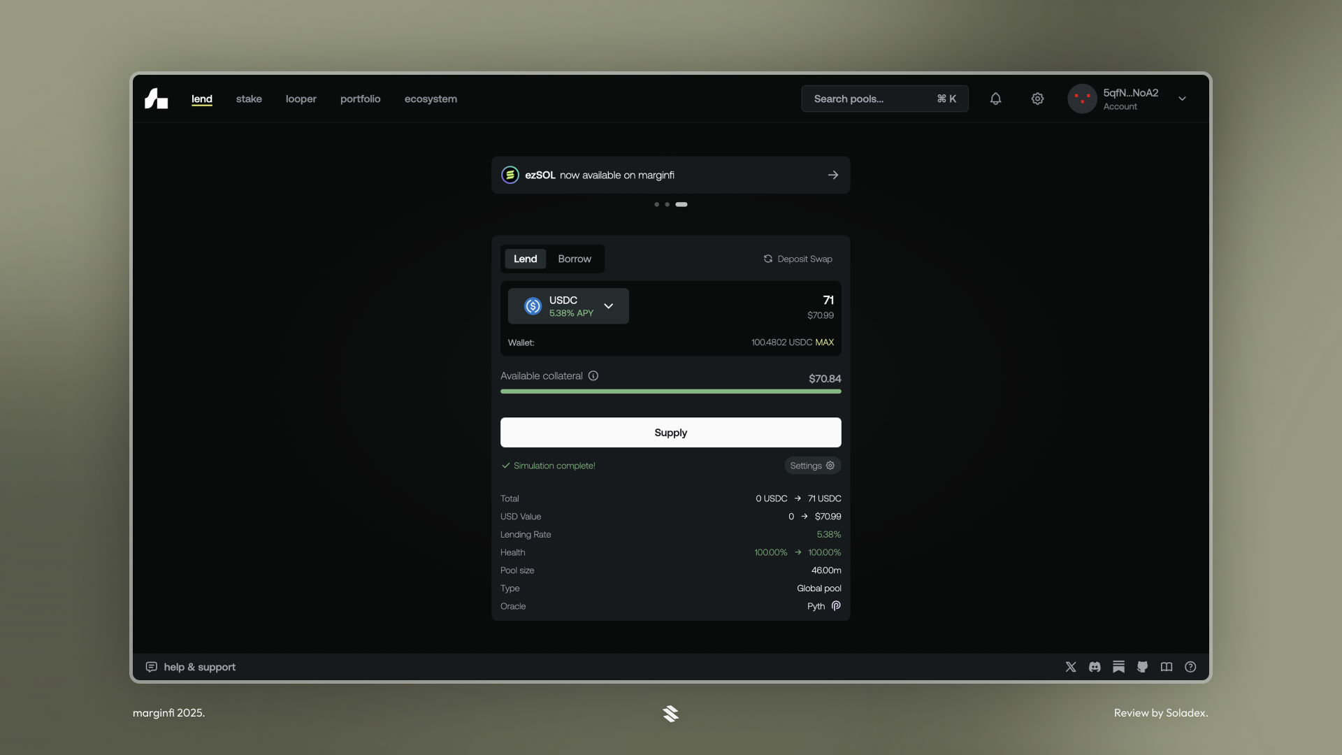 The home lending screen inside the marginfi application