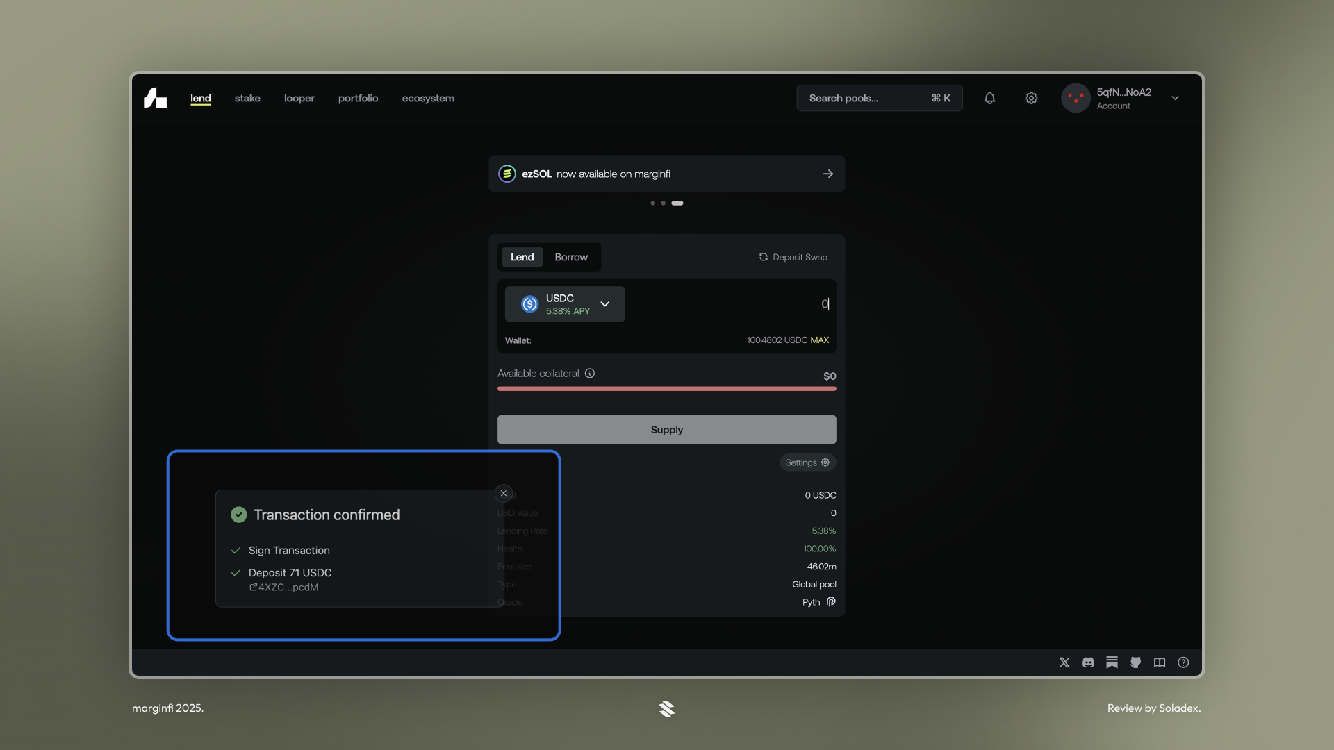 The transaction confirmed window appears in the bottom left when your deposit is complete