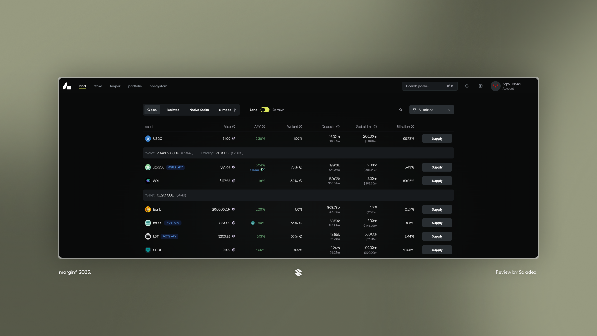 The Global market lending pools inside the marginfi app