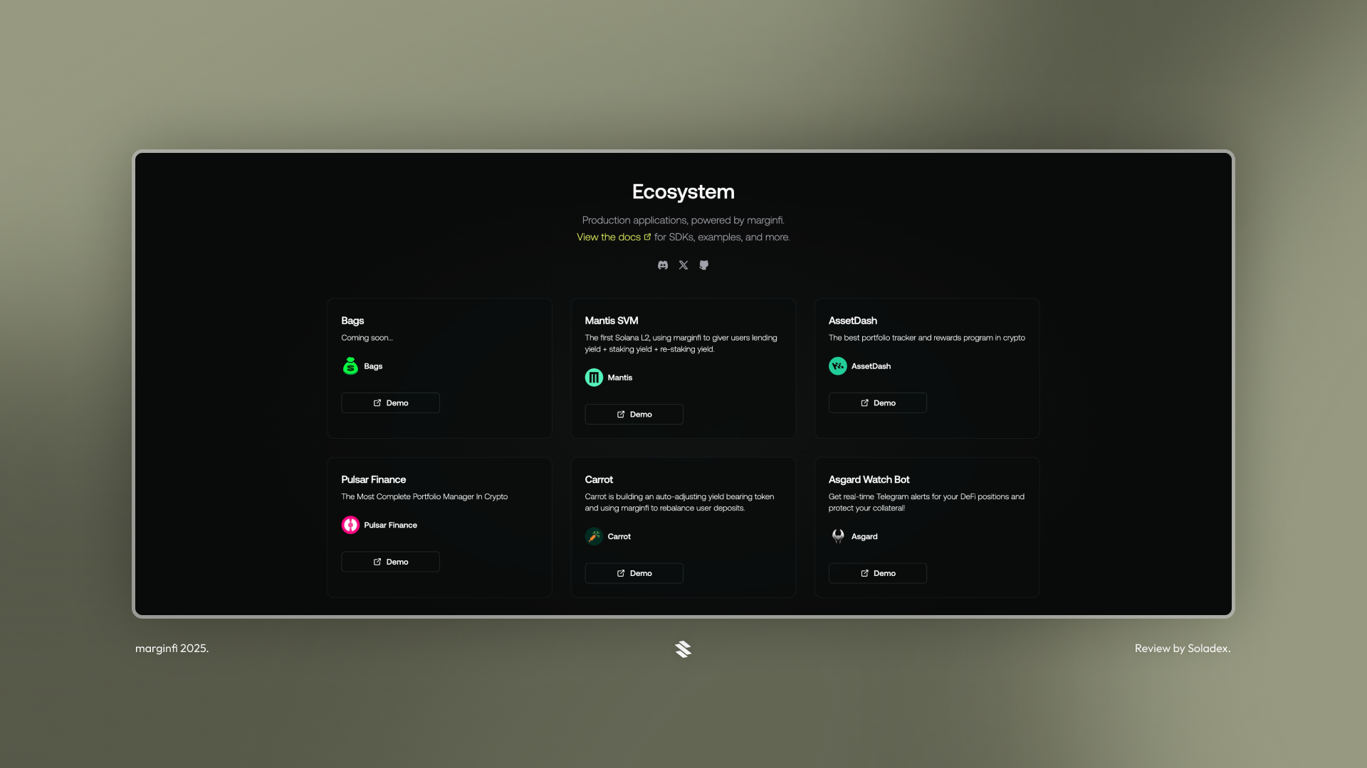 The marginfi ecosystem page, which lists out integrations with other Solana dapps
