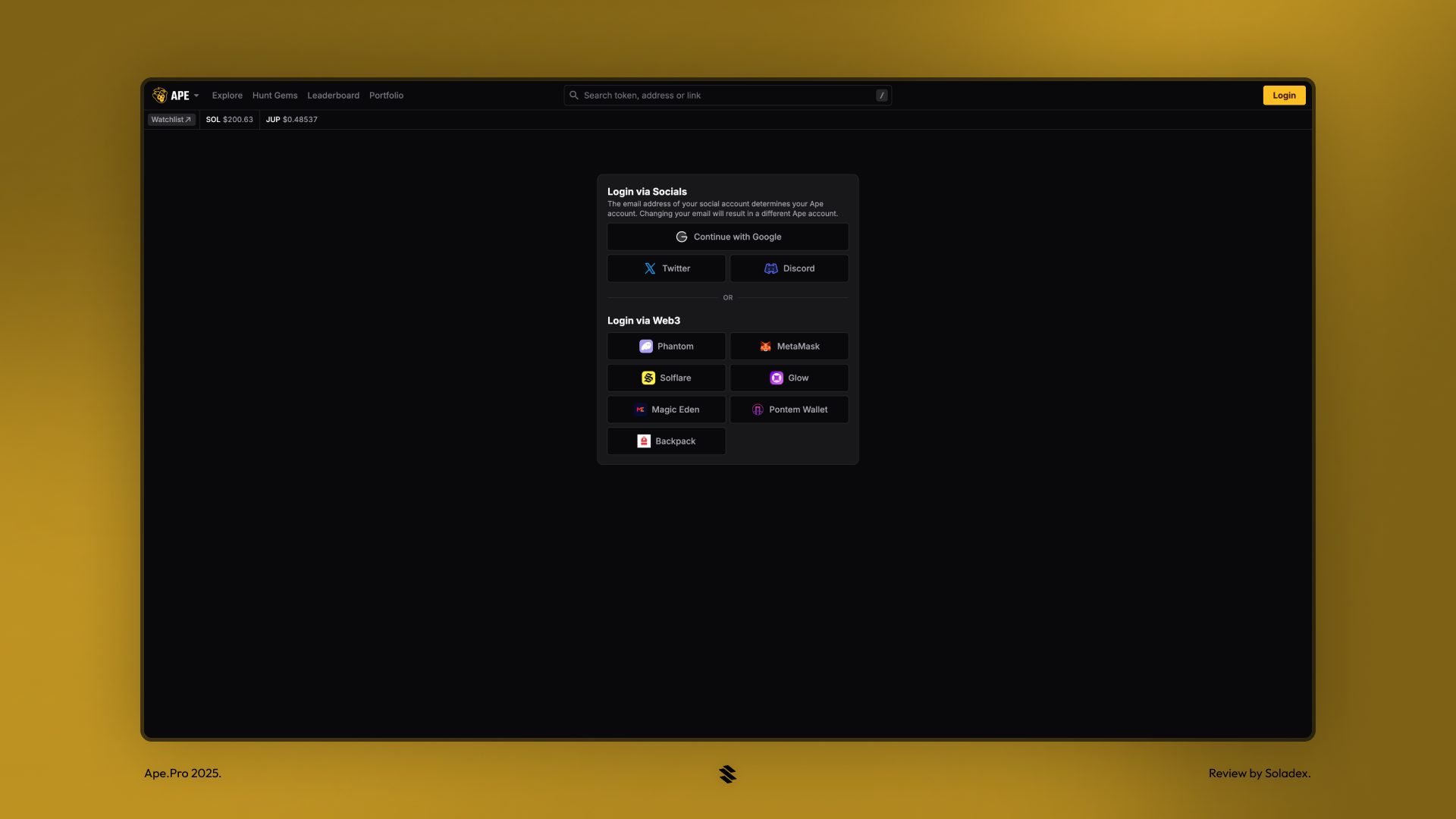 Logging into Ape.pro with social accounts or Solana wallet