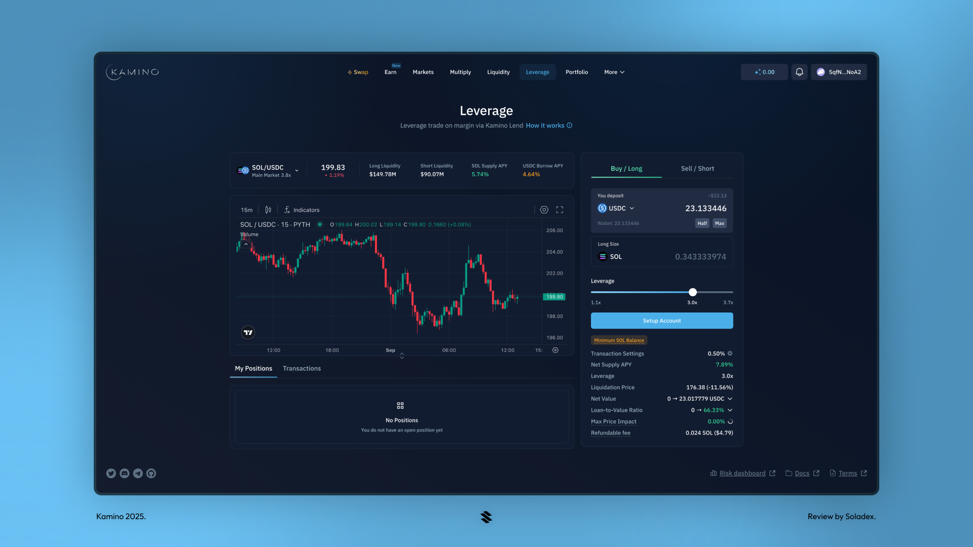 Showing the leverage feature of Kamino, allowing up to 3.7x leverage on pools such as SOL/USDC