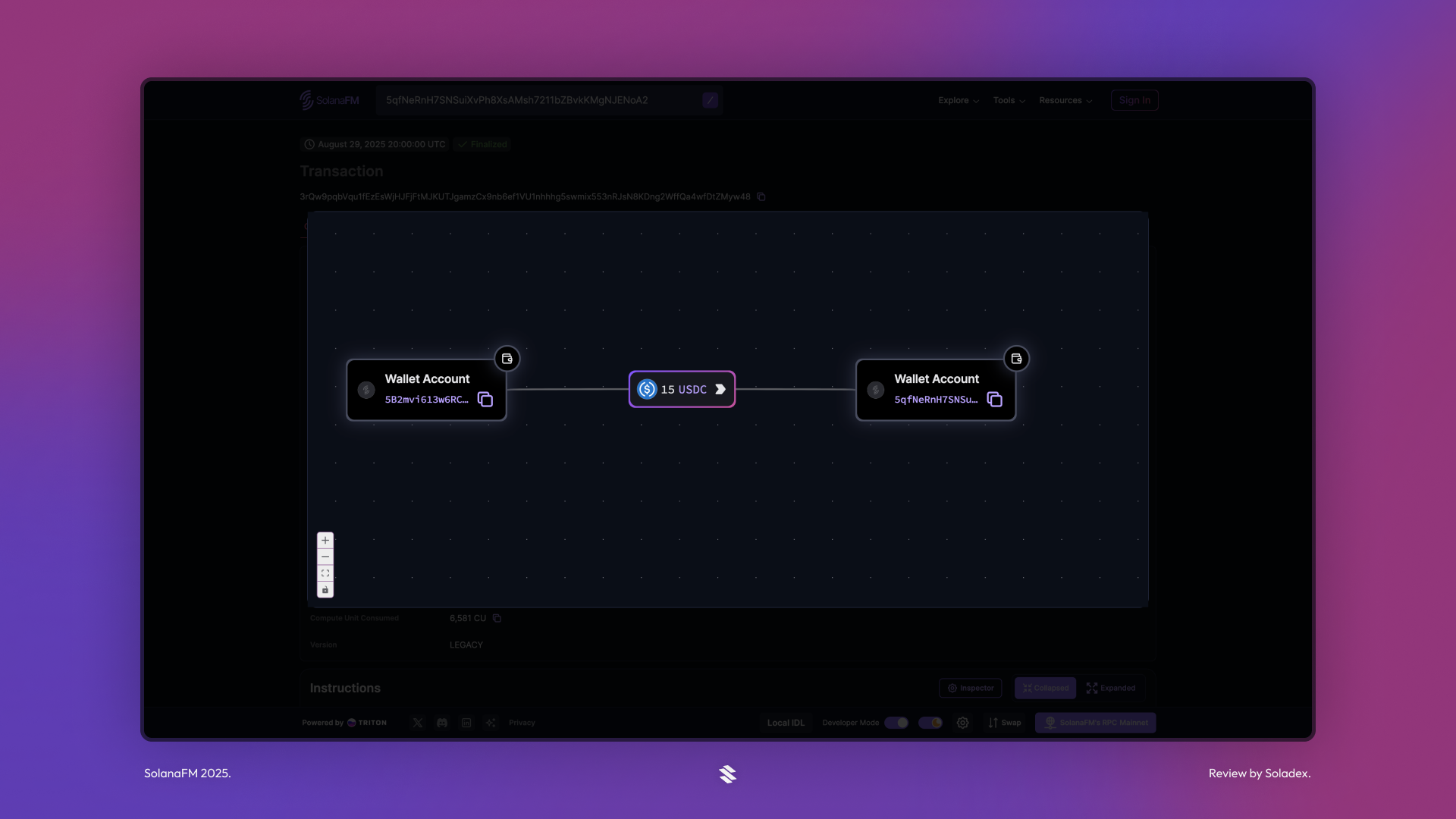 Viewing the transaction flow from one wallet to the other on SolanaFM
