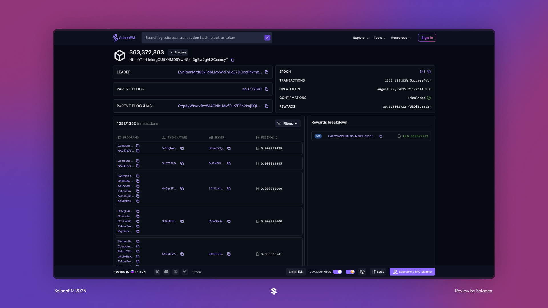 Viewing the data inside a block on the Solana blockchain using the Solana FM block explorer