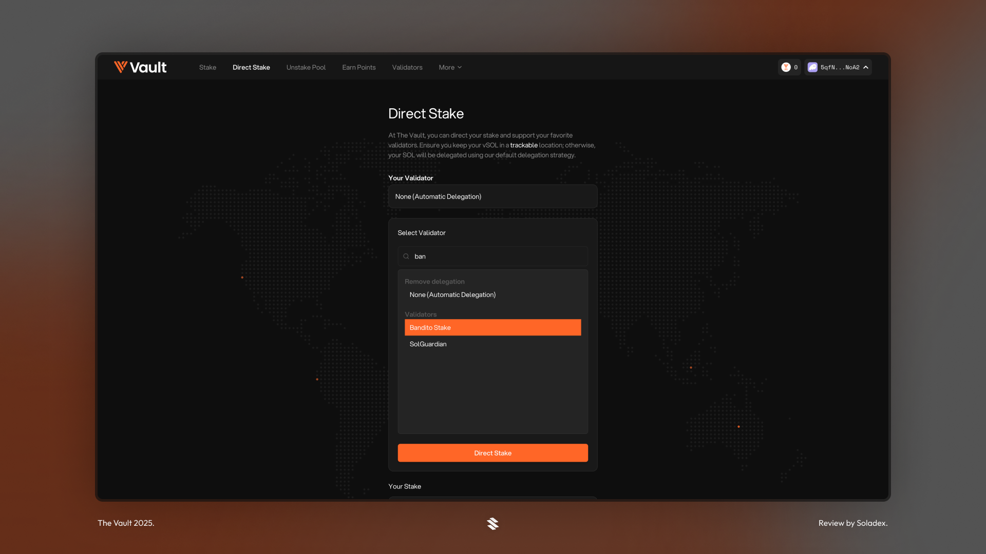 The direct stake feature on Vault allows you to make sure all of your SOL getting swapped to vSOL is used to delegate to a specific node