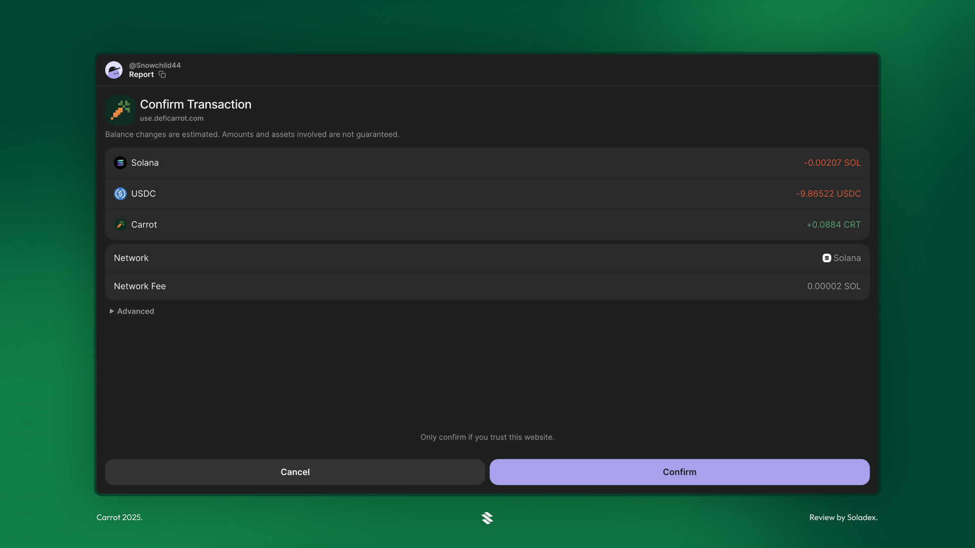 Confirming the transaction to deposit on Carrot