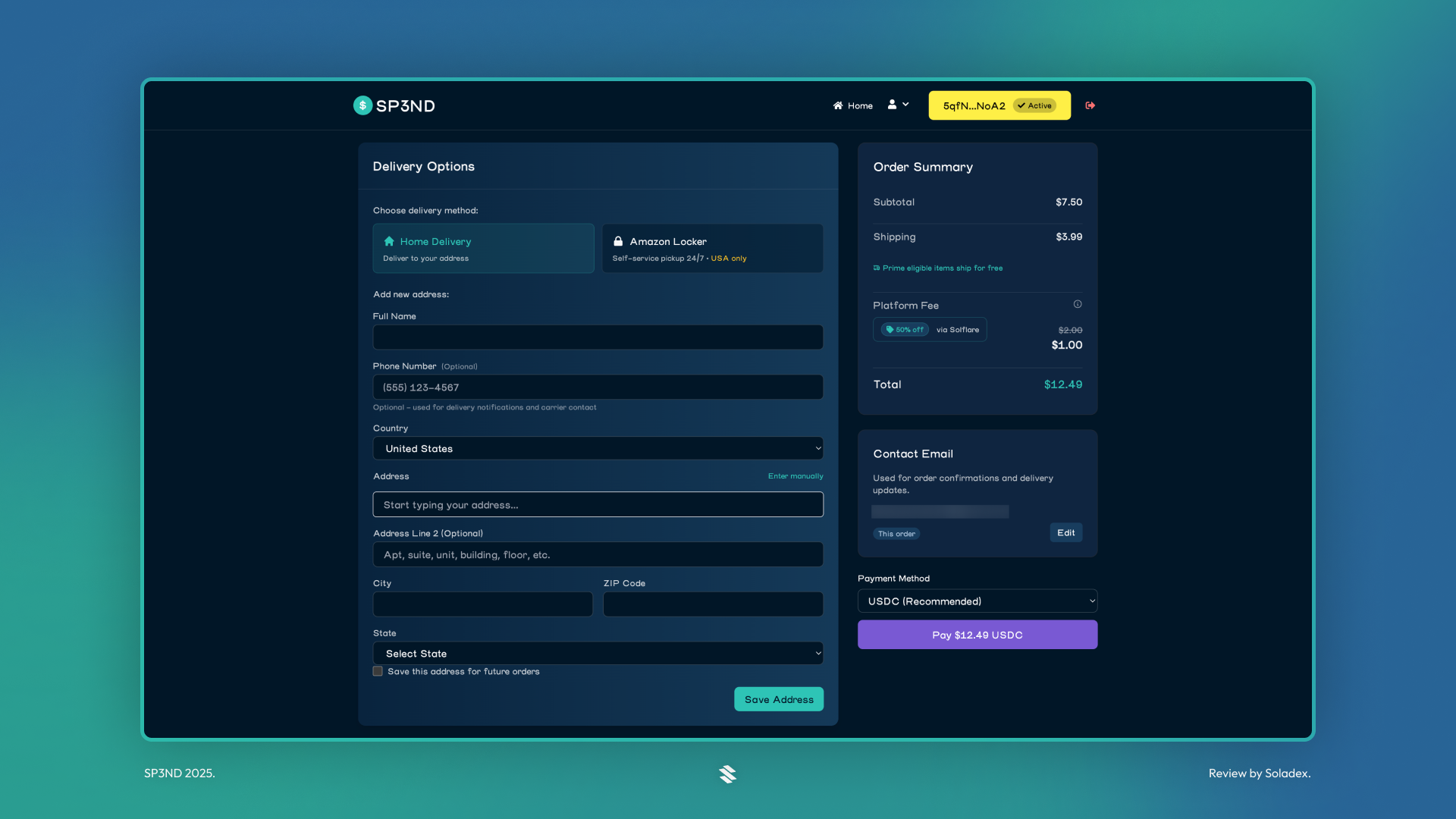 The SP3ND payment screen collecting the user's shipping address
