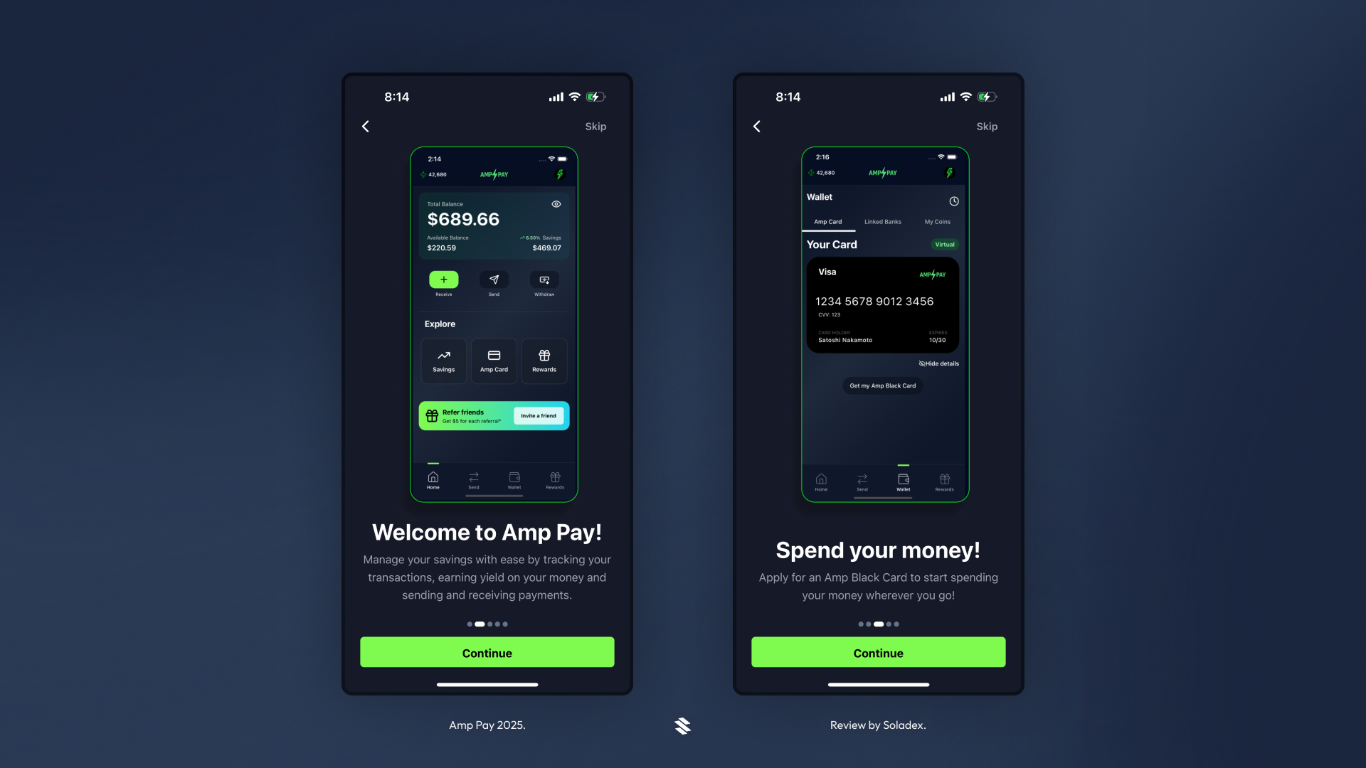 The welcome screen sequence in the Amp Pay app