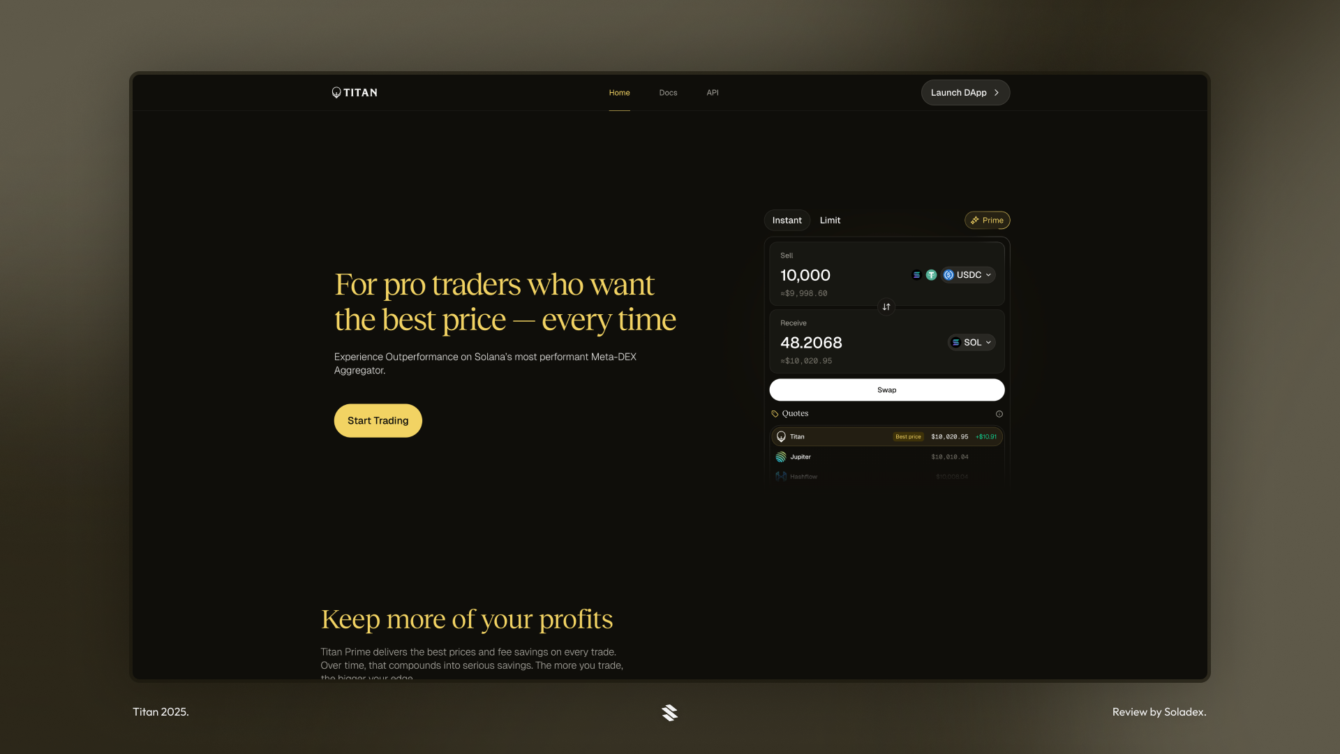 The home screen of Titan Exchange on Solana