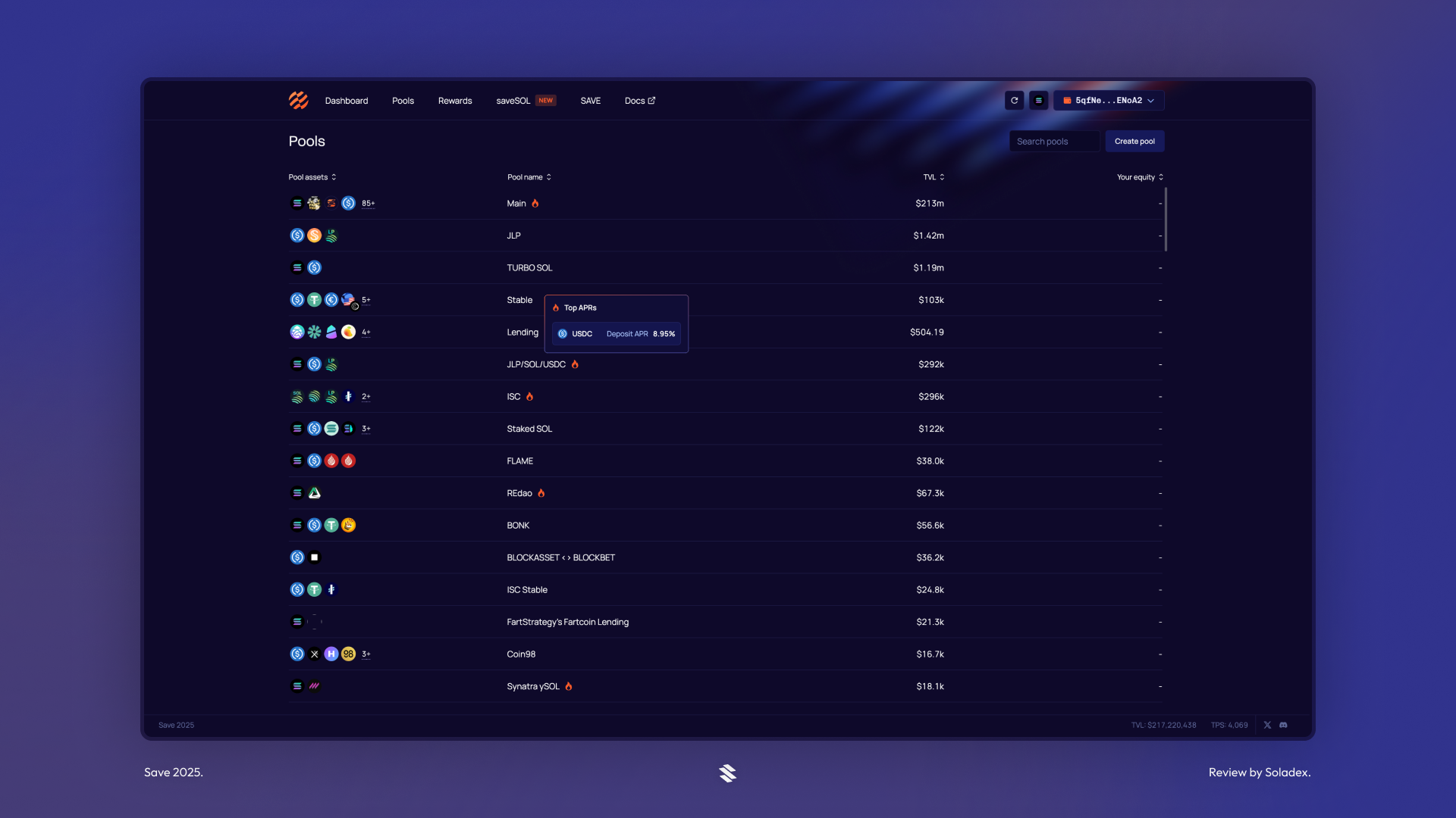 The available lending pools on Save Finance