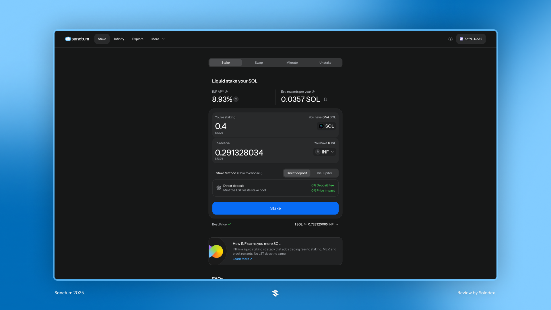 Swapping SOL for the INF liquid staking token on Sanctum