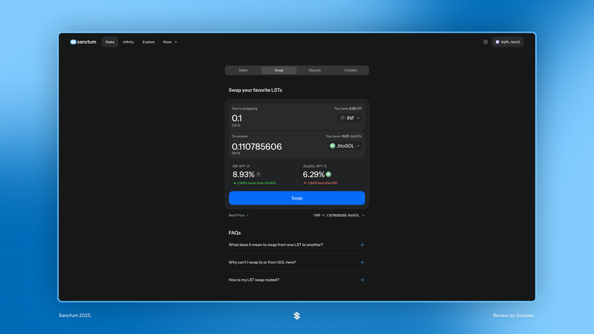 Swapping from INF to JitoSOL on Sanctum