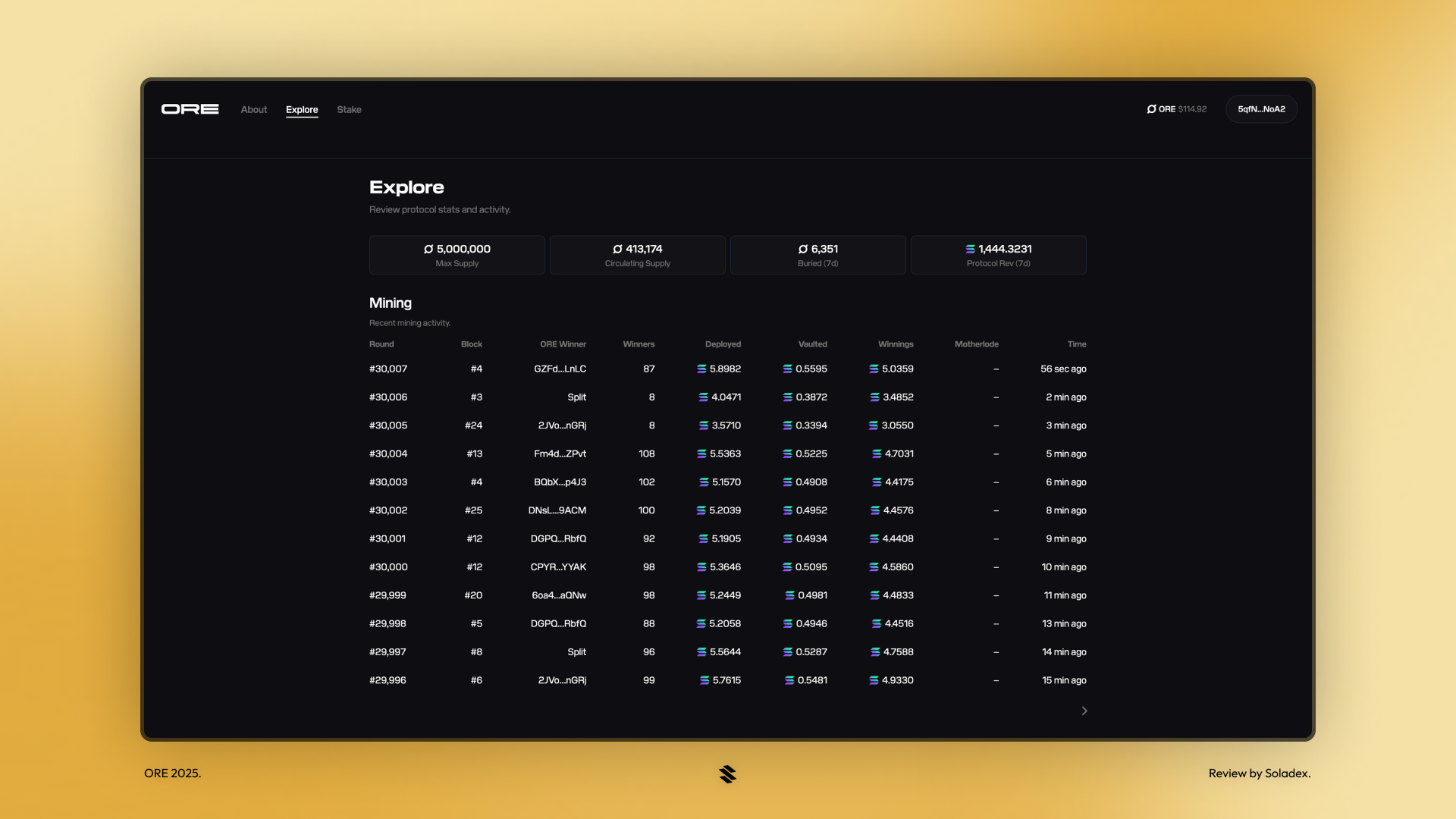 The Ore explorer page showing recent mining activity