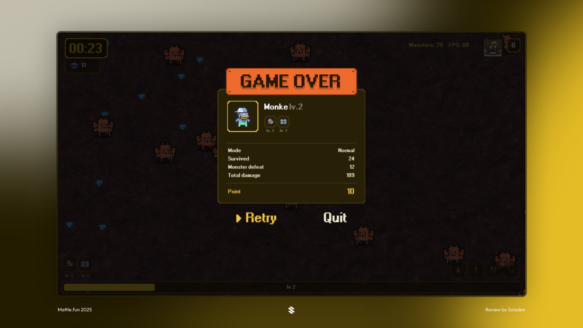 The game over screen appearing after the end of a round.