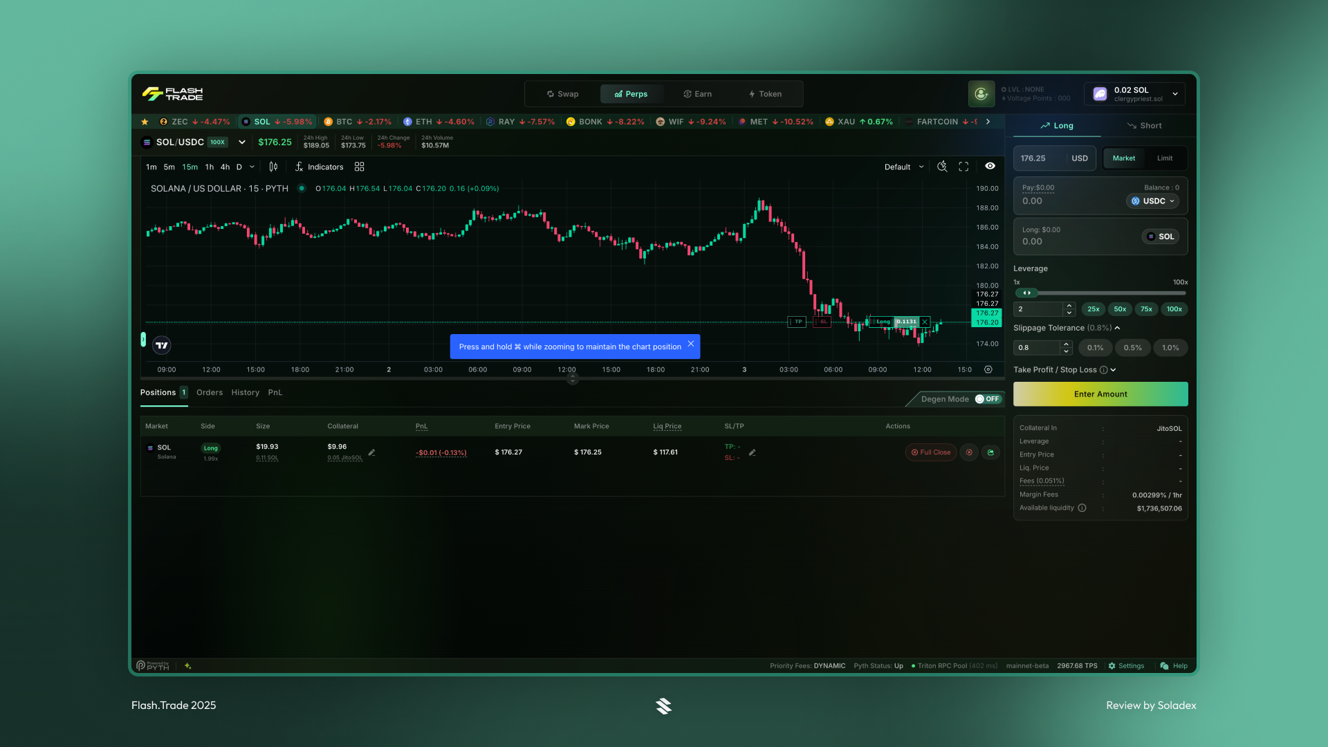 Flash.Trade allows users to use up to 100x leverage on their trades