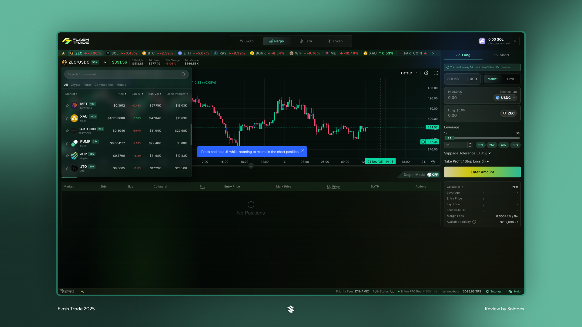 Trading ZEC perps on Solana using Flash.Trade