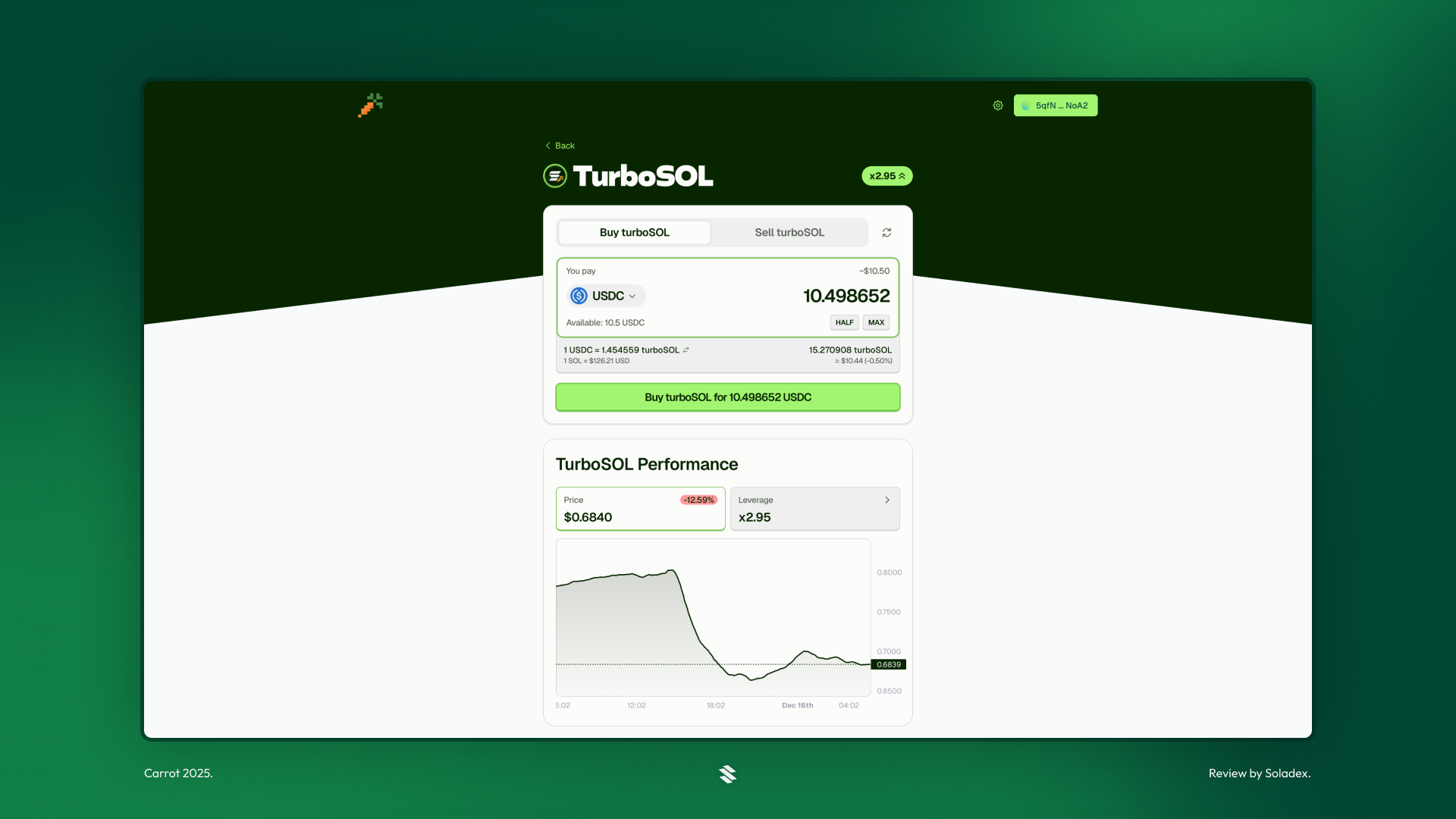 Swapping USDC to TurboSOL on Carrot Finance
