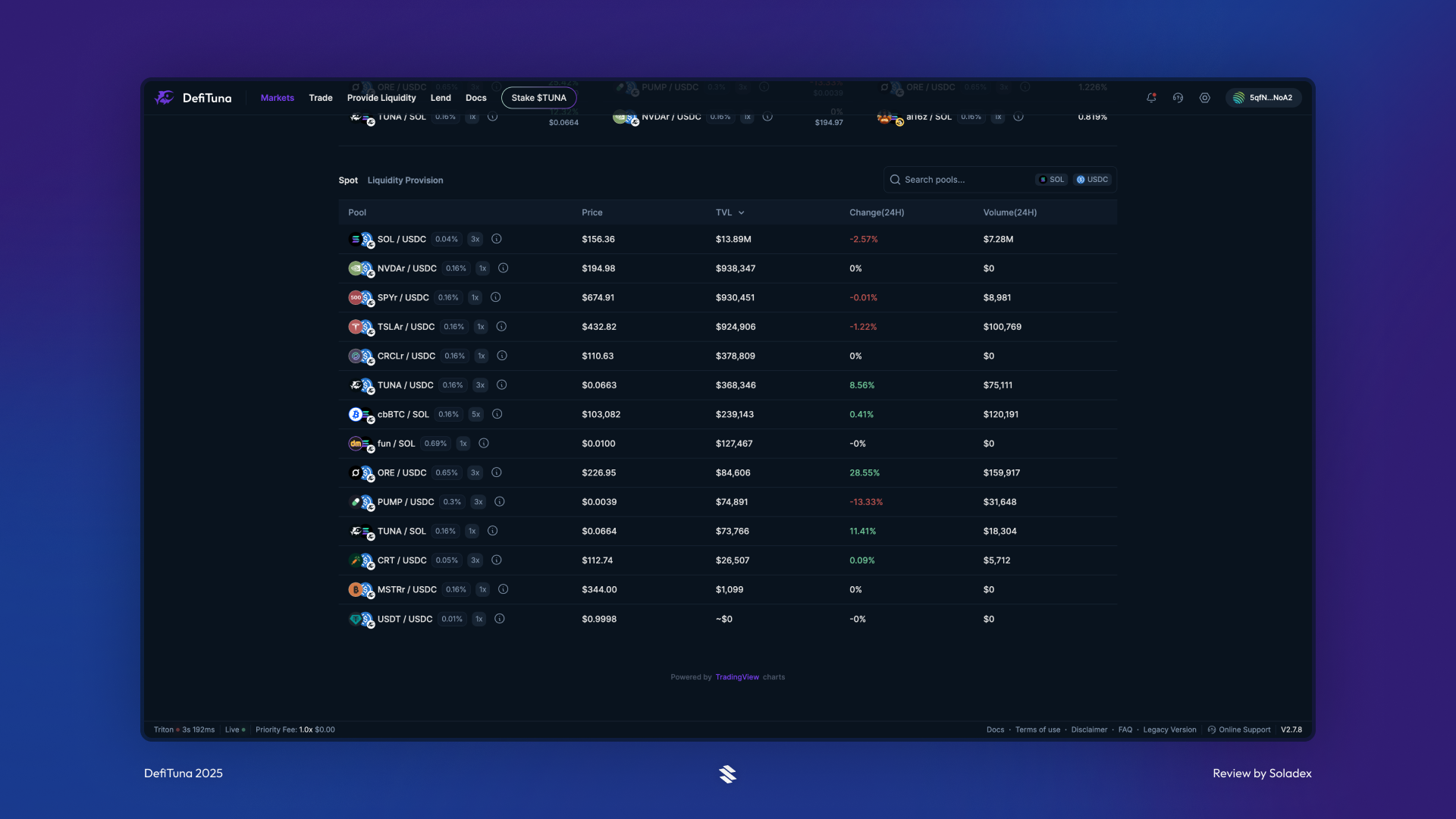 A list of available markets on DefTuna