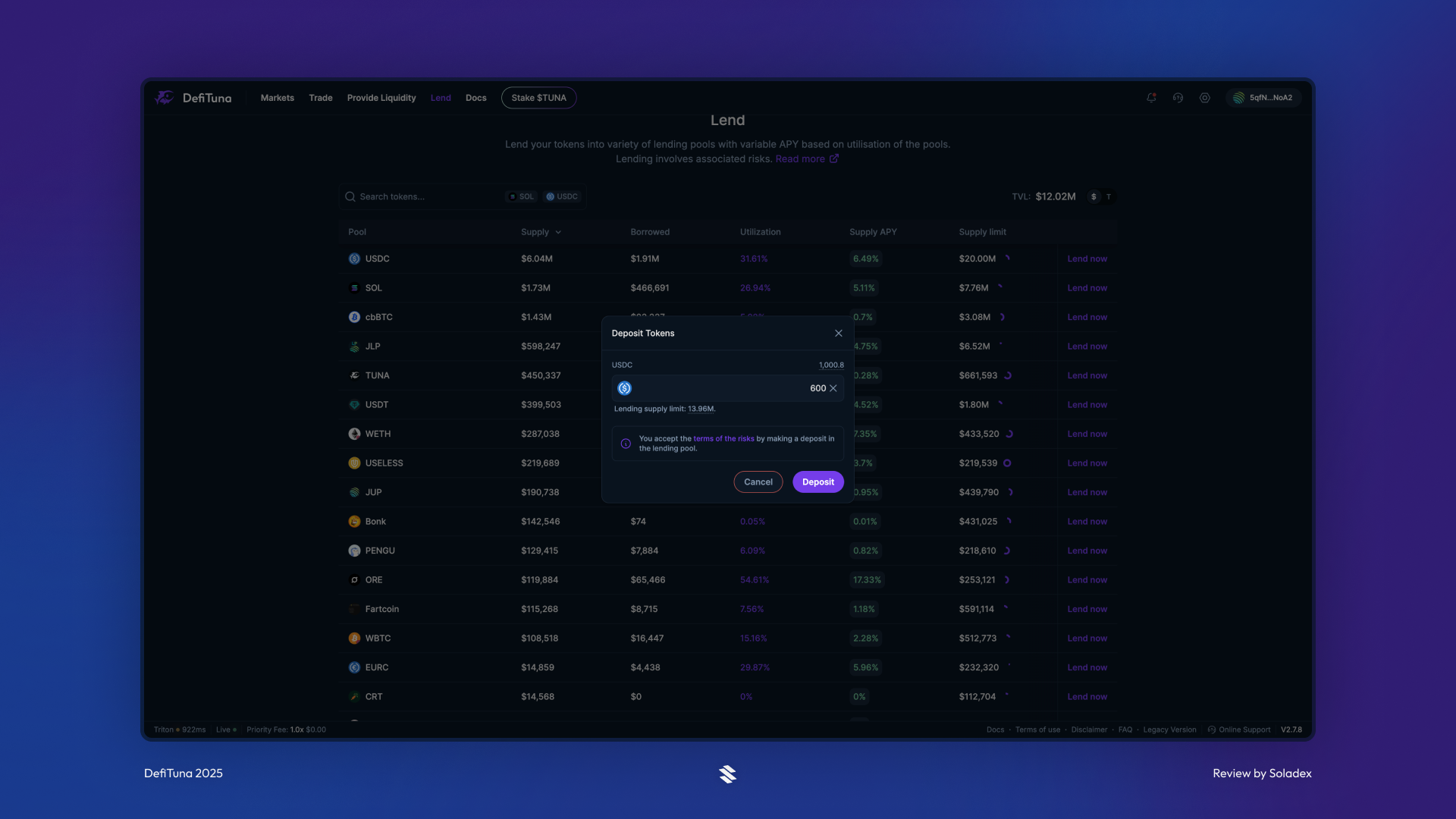 Depositing tokens into a lending market on DefiTuna