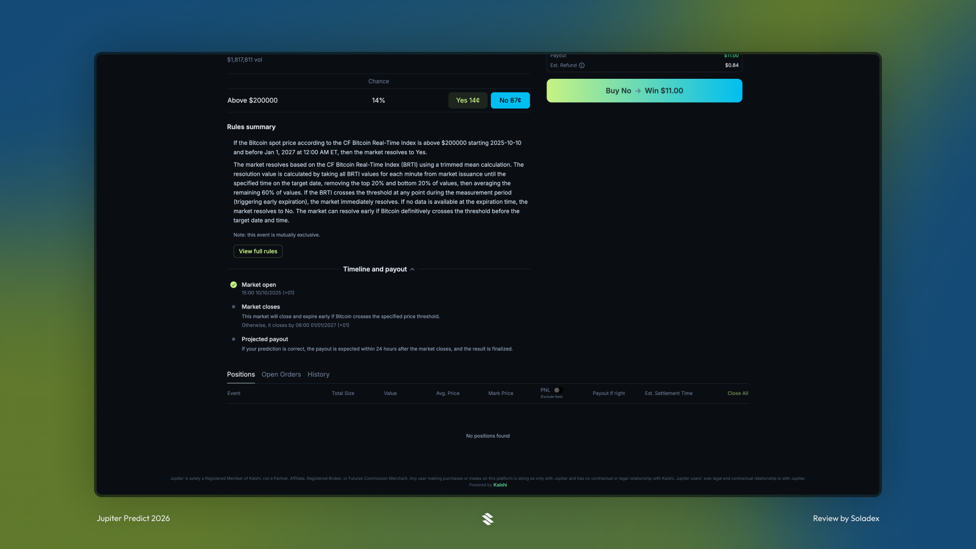 Showing the terms and conditions of the BTC price market on Jupiter Predict