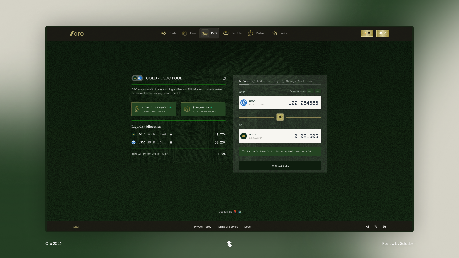 Users can add liquidity to the USDC-GOLD pool on Oro Finance