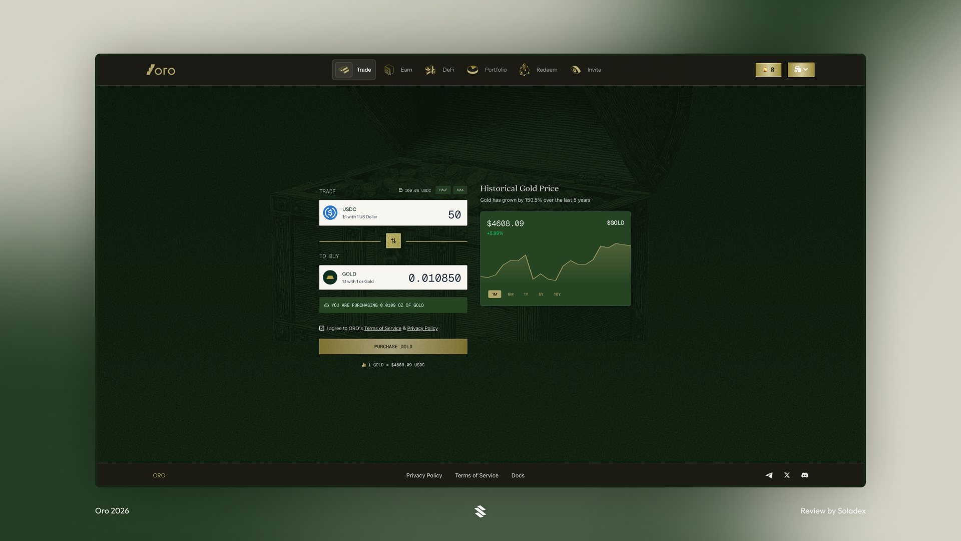 Trading USDC for Gold is easy on Oro Finance