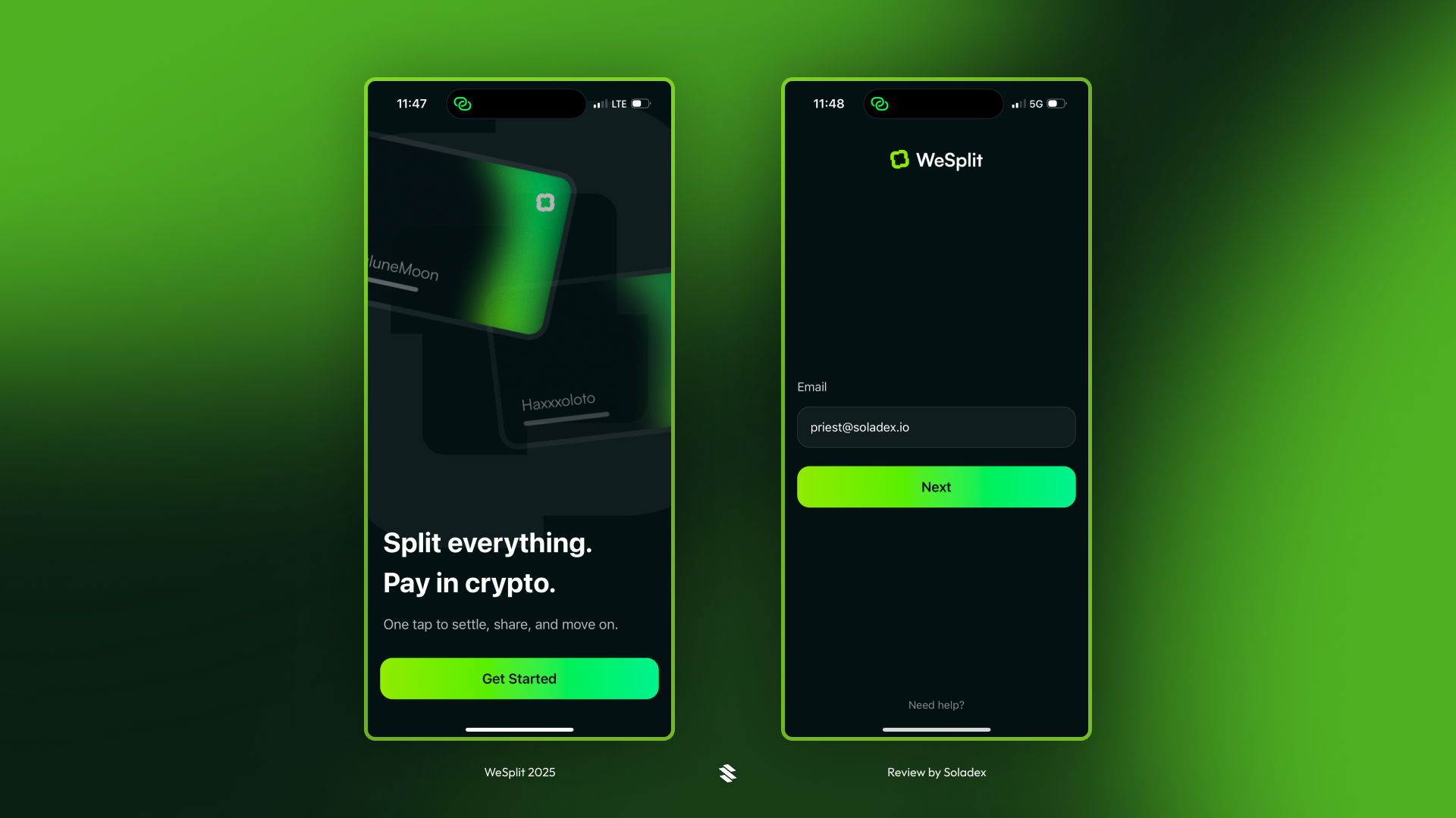 Showing the get started screen for WeSplit