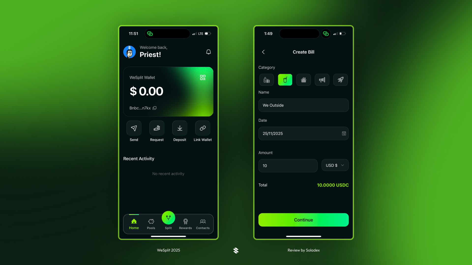 The welcome back screen on WeSplit after logging into the app