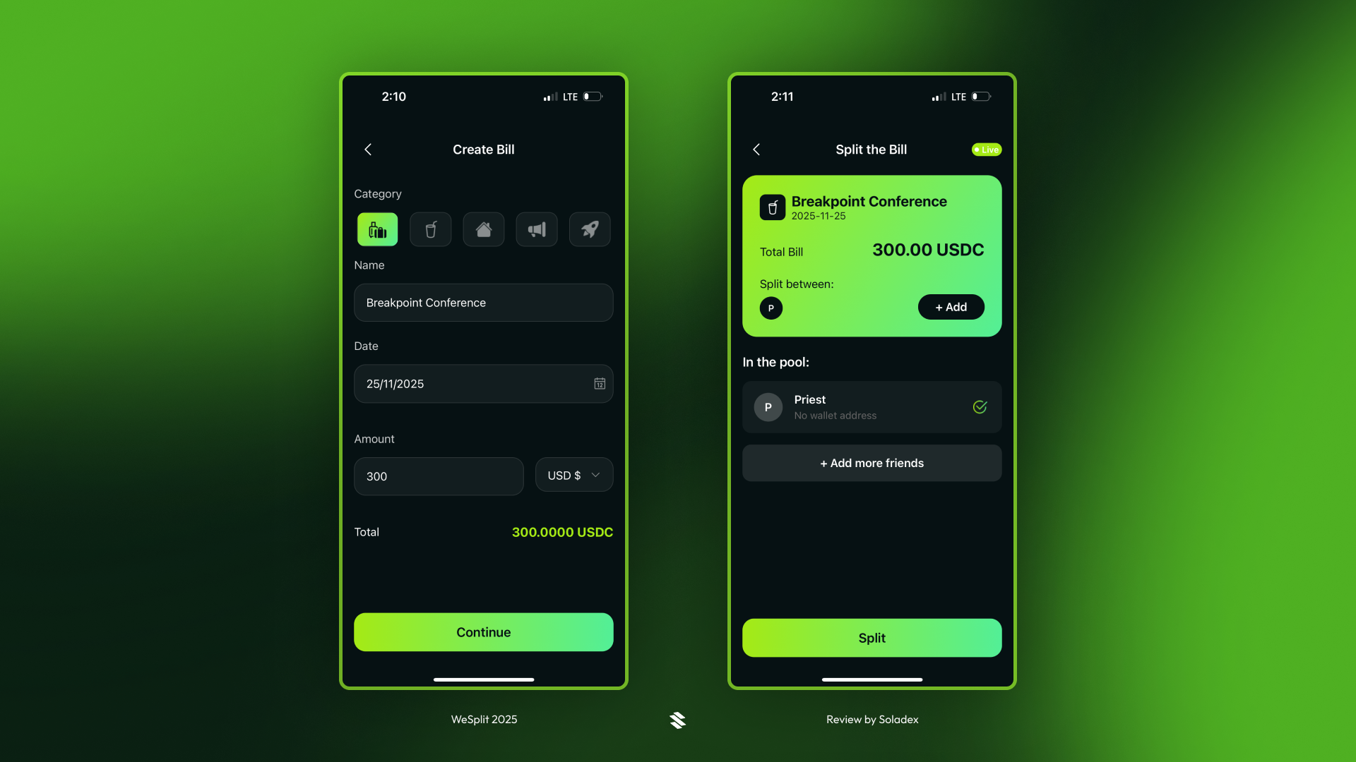 Creating a bill to split inside the WeSplit app