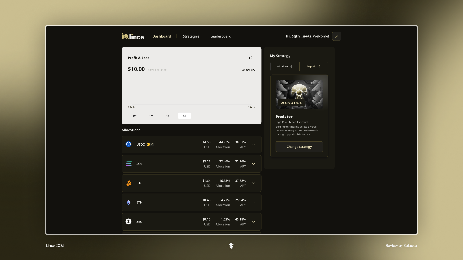 Lince dashboard showing current profit and loss