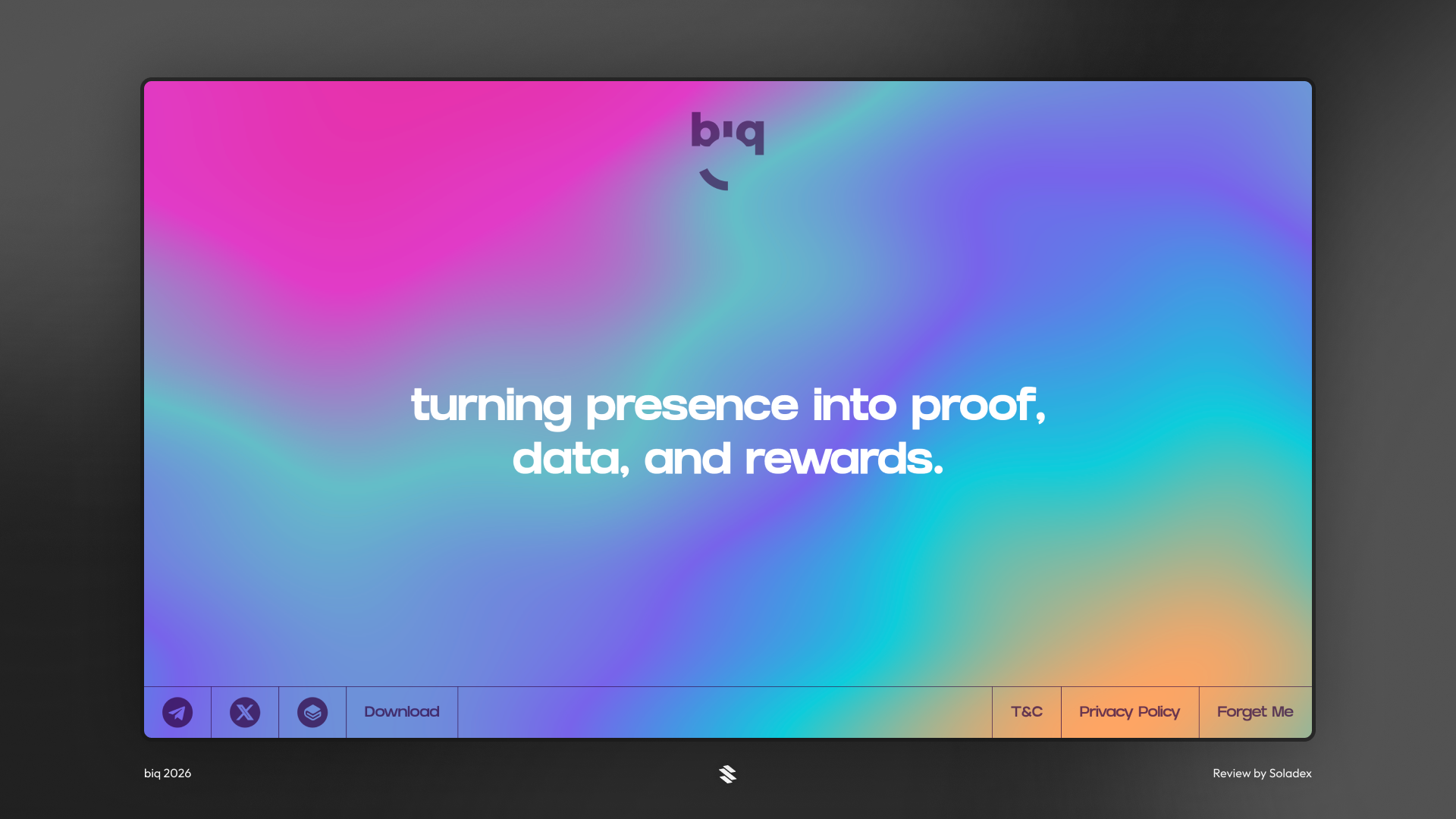 biq on Solana's home page showing off their motto presence into proof,