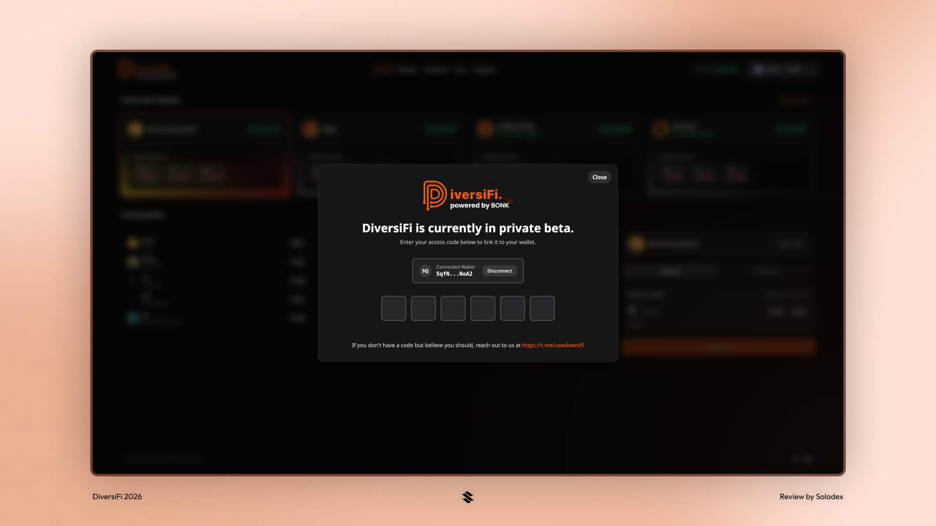 Entering a private beta code for Diversifi on Solana