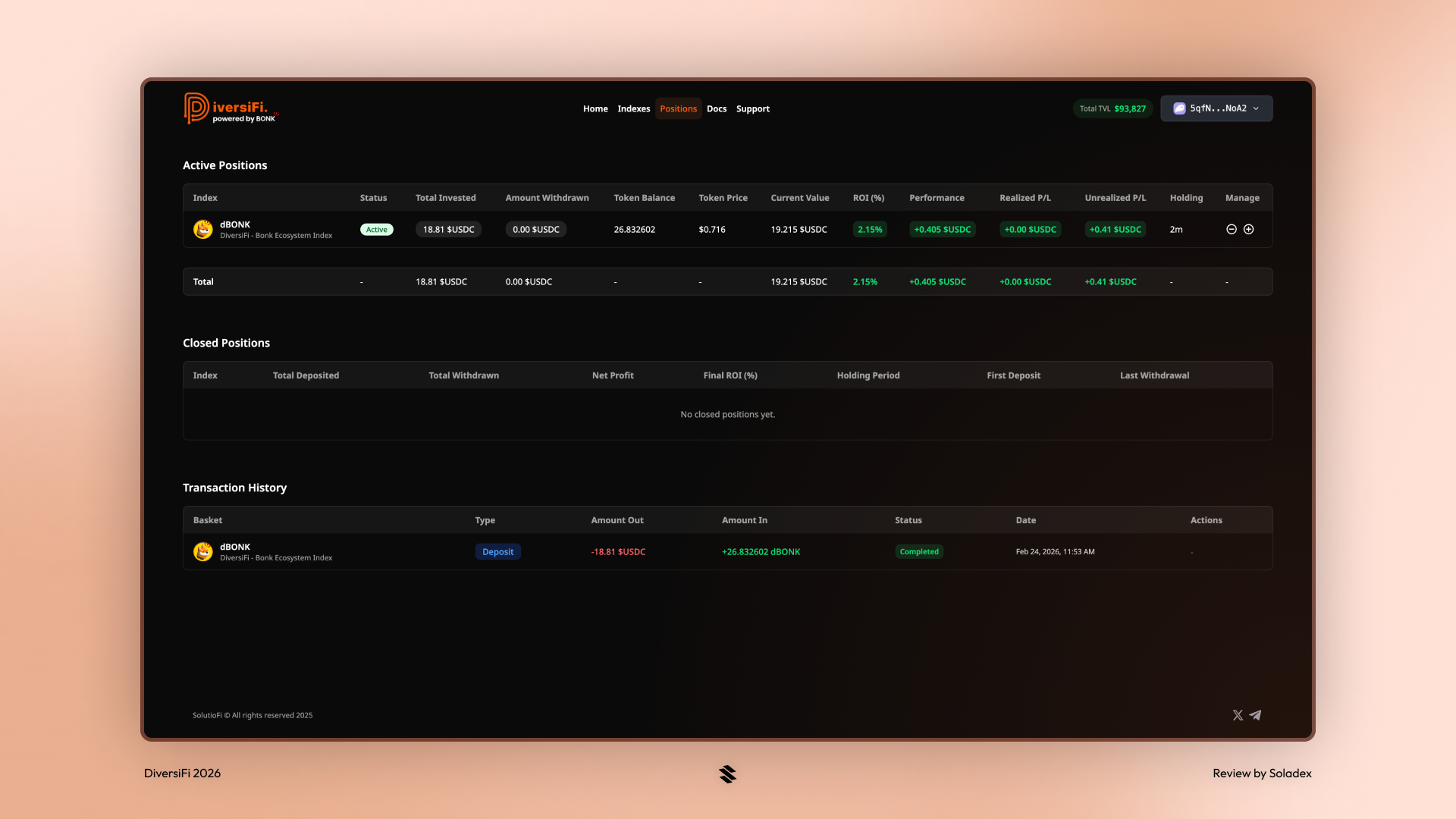 Showing off the dashboard with current positions.
