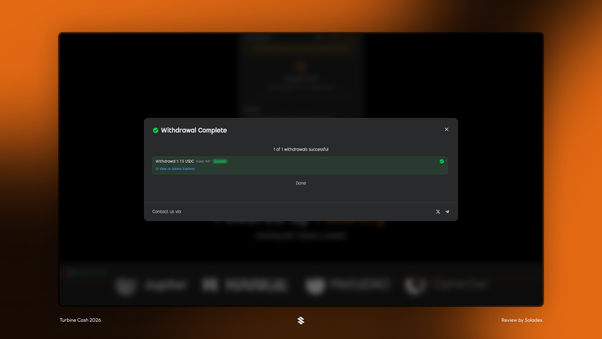 The withdraw success confirmation screen