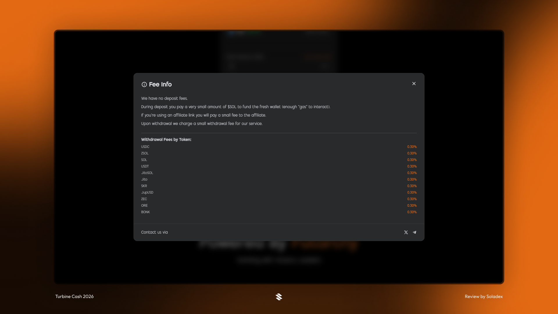 Showing the fees charged by Turbine Cash to execute private transactions on Solana