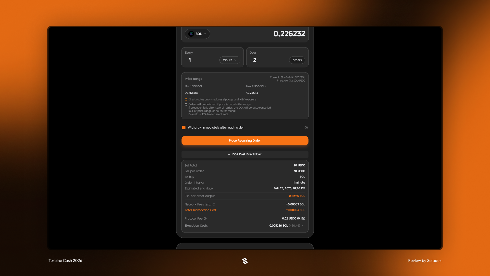 Buying SOL privately using Turbine Cash's DCA strategy