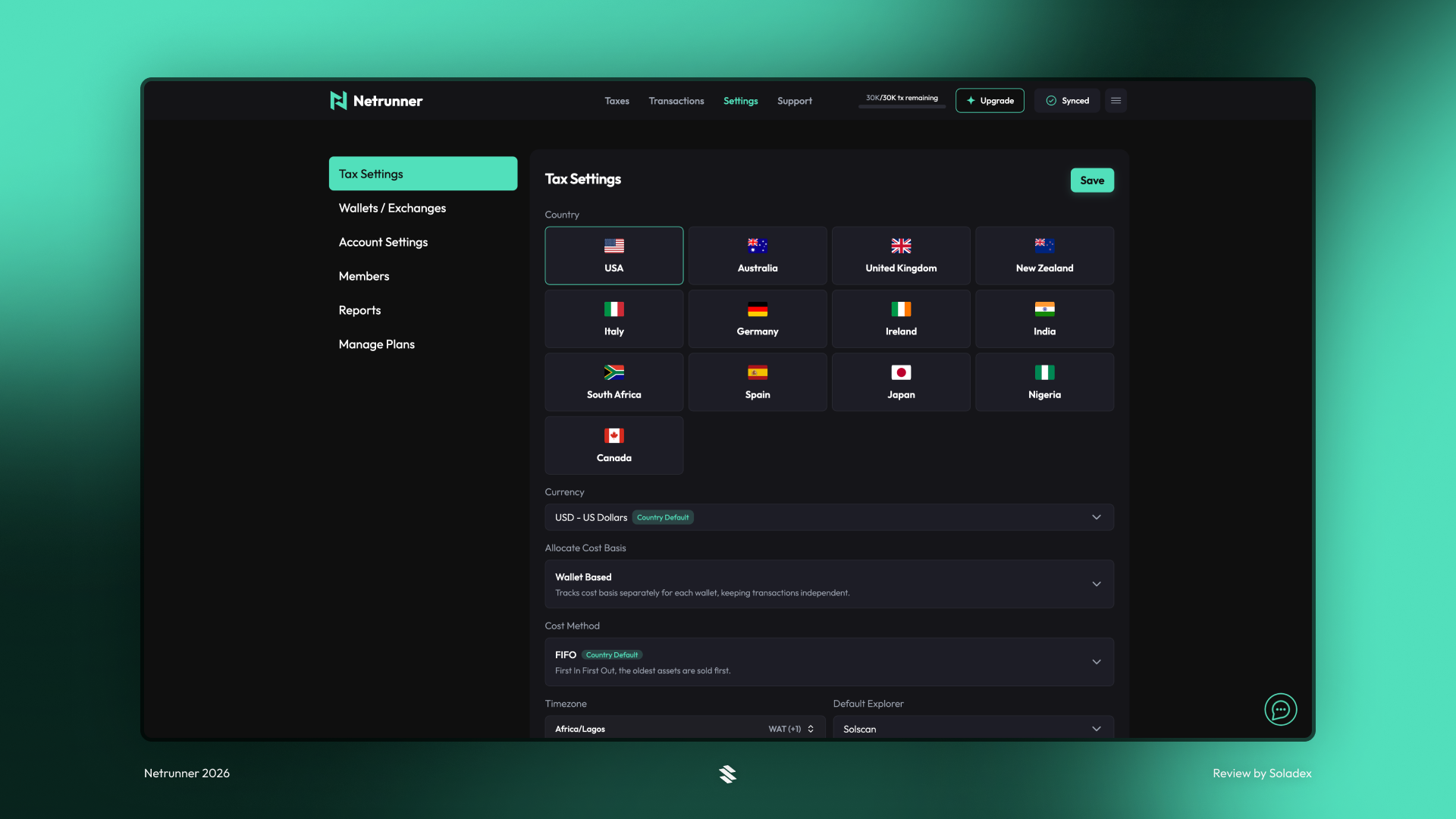 Adjusting tax settings inside Netrunner