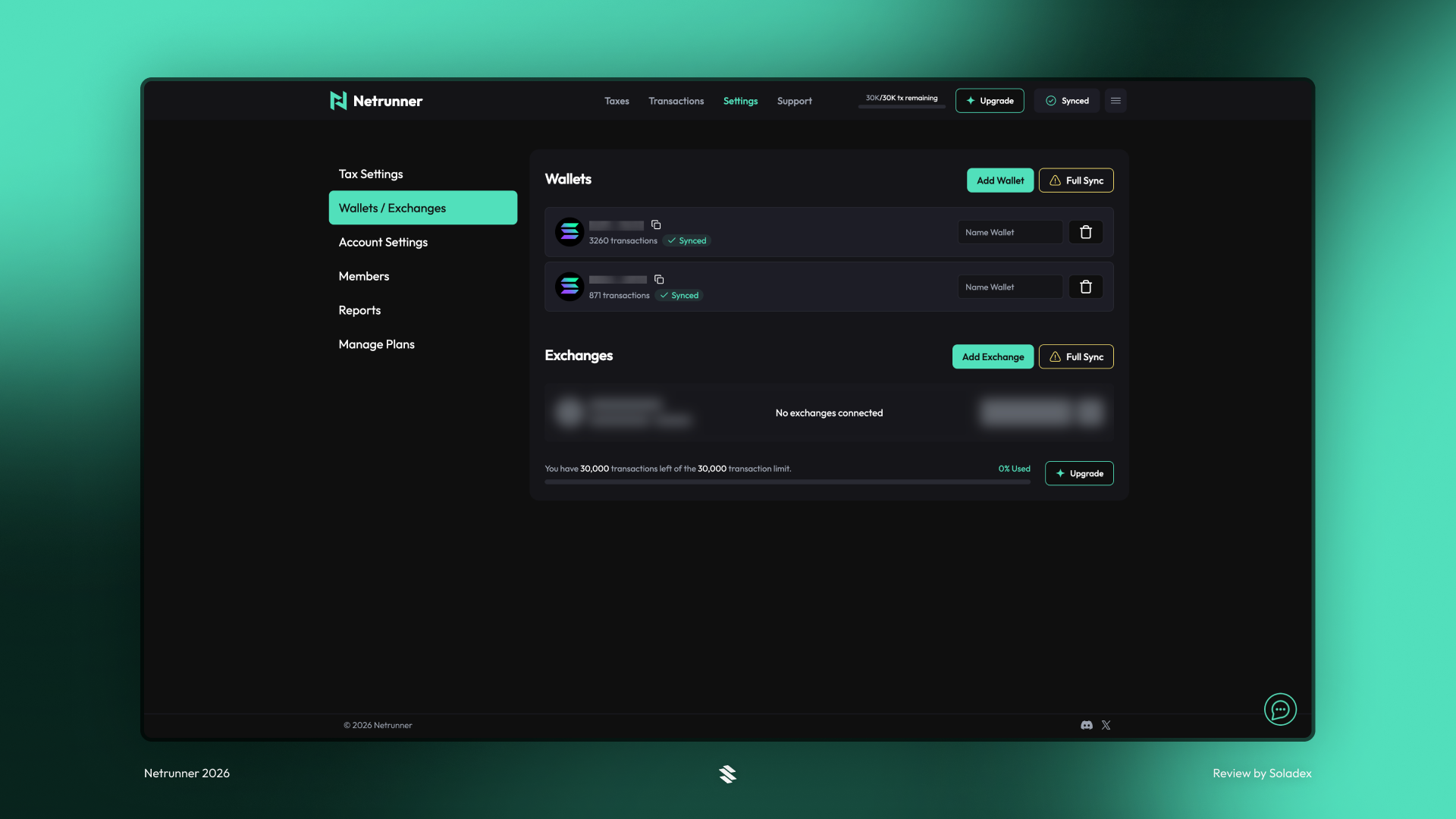 Viewing the currently linked exchanges and wallets added to Netrunner