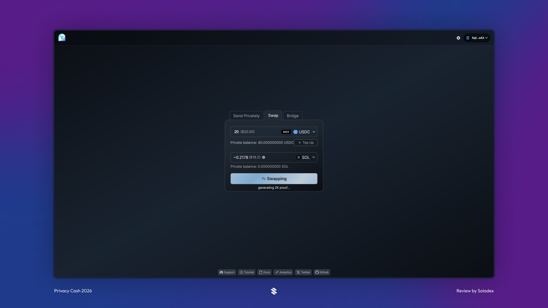 Executing a private swap from USDC to SOL using Privacy Cash