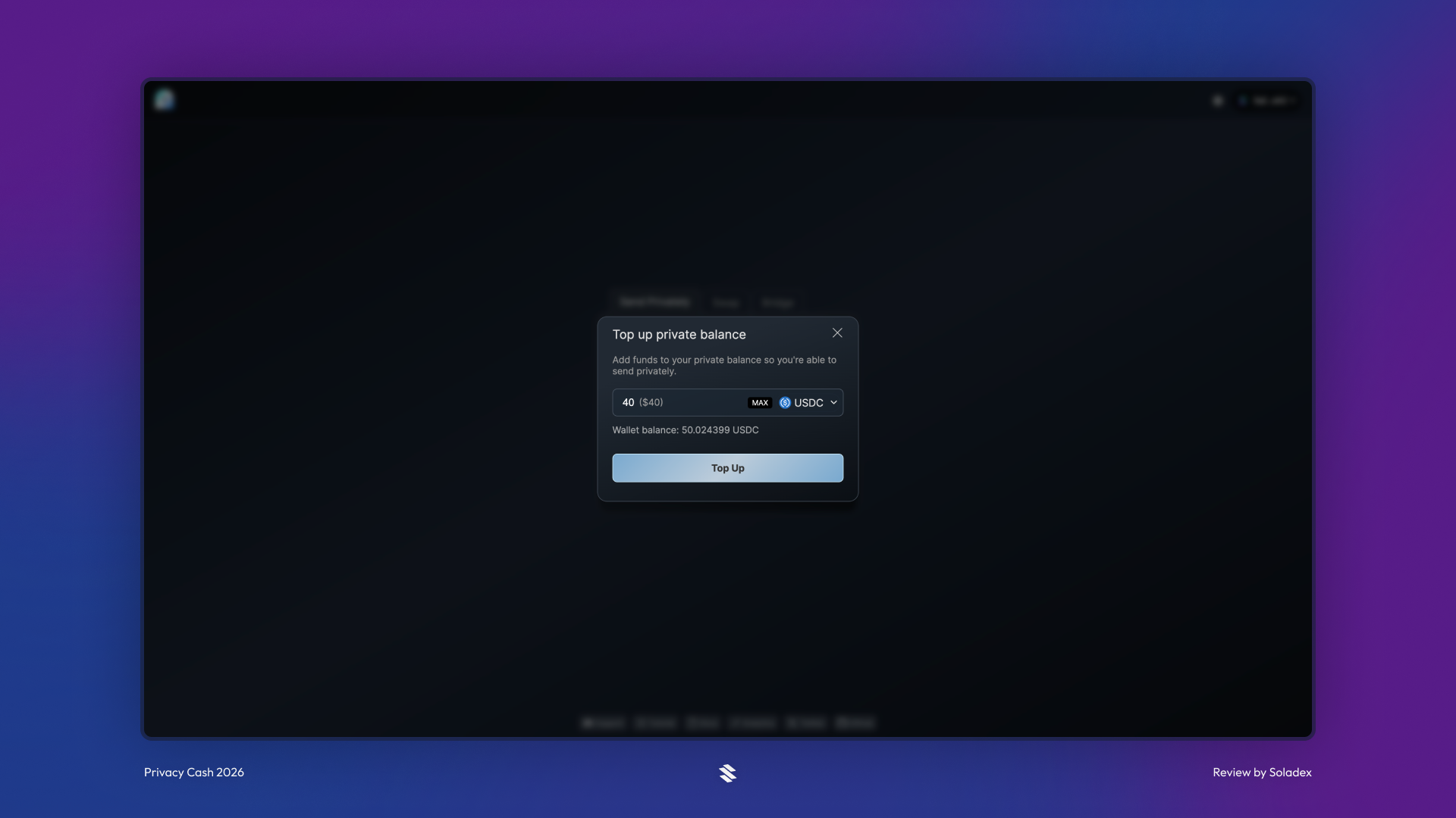 Topping up our Privacy Cash account with USDC on Solana