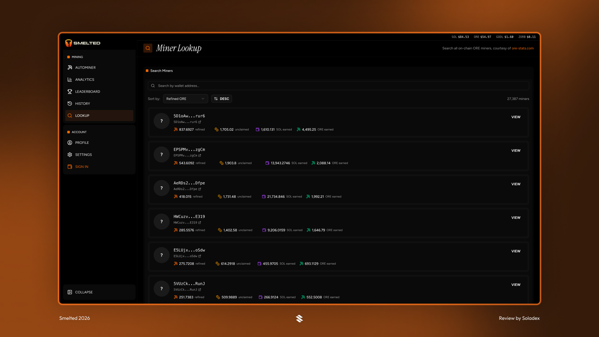 Smelted allows you to lookup miners using the platform