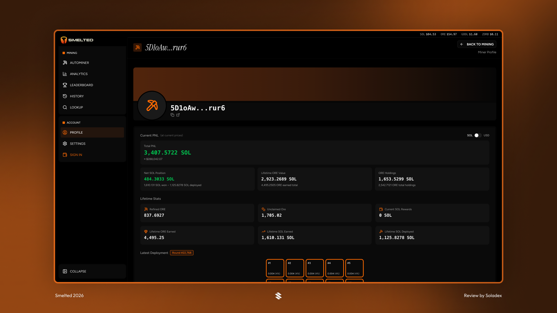 Viewing an individual miner's stat page on Smelted
