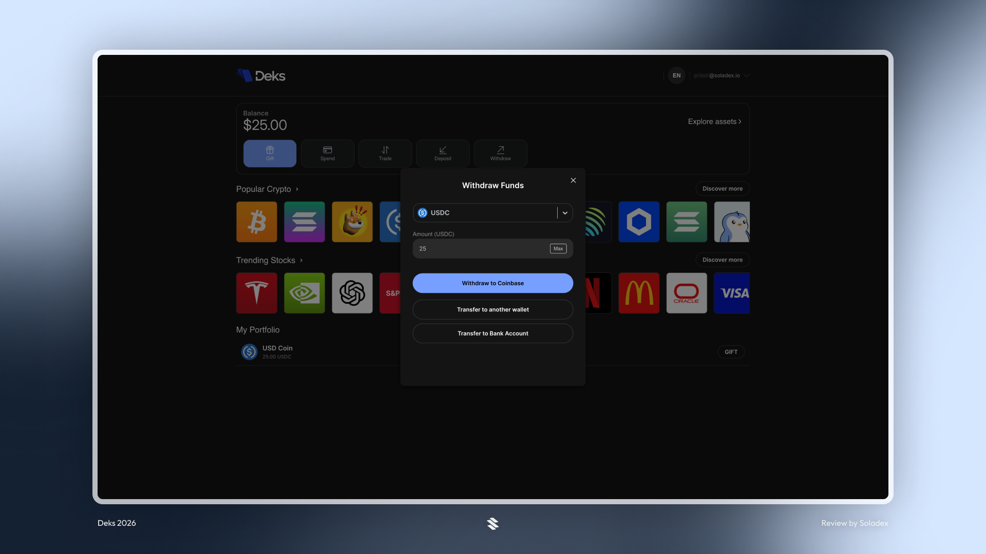 Withdrawing funds from the Deks platform