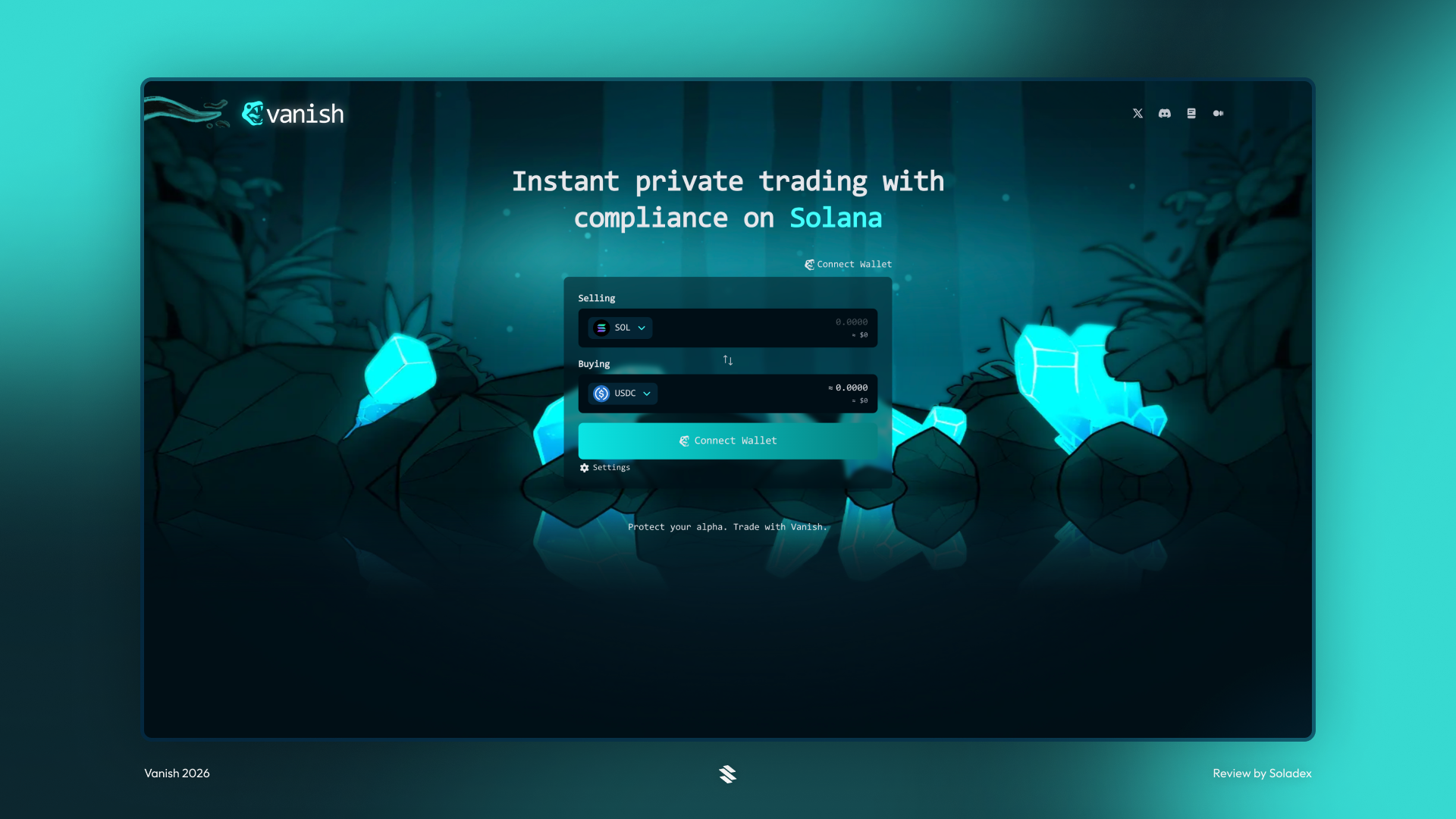 The Vanish app homepage on Solana